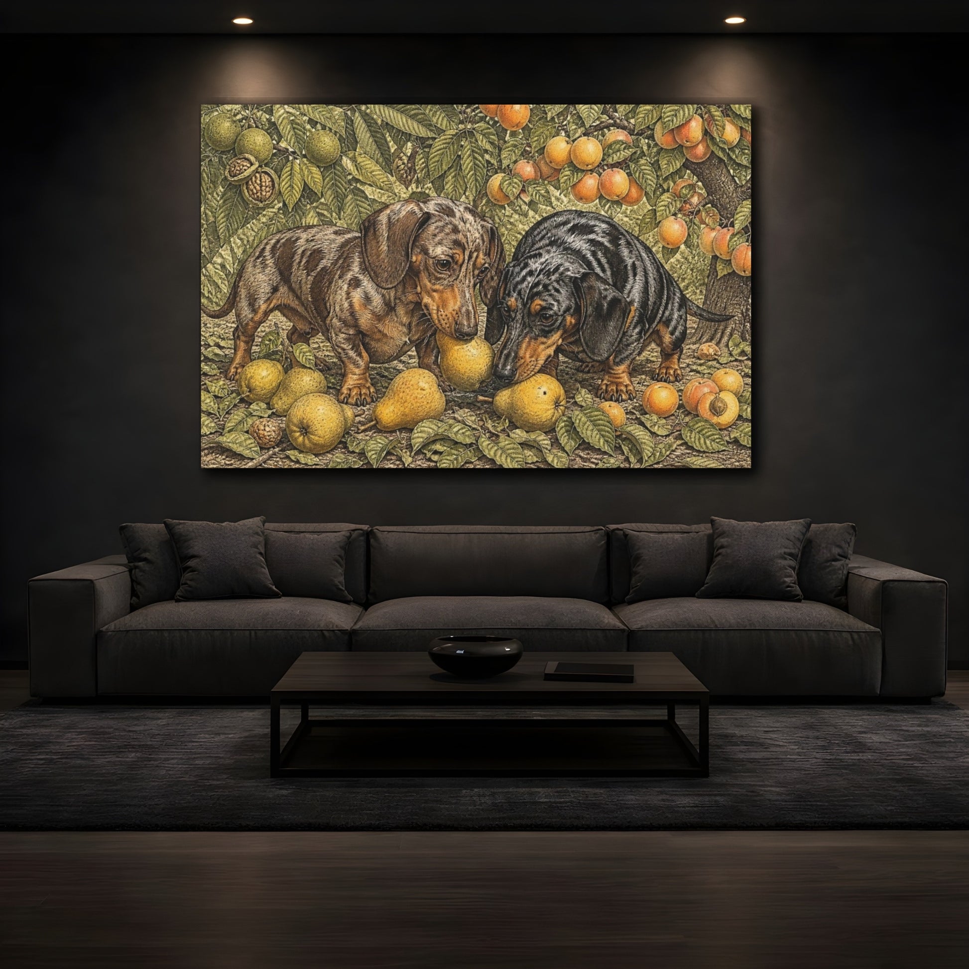 Mockup 3. Dachshund Pets In Orchard shown as canvas print
