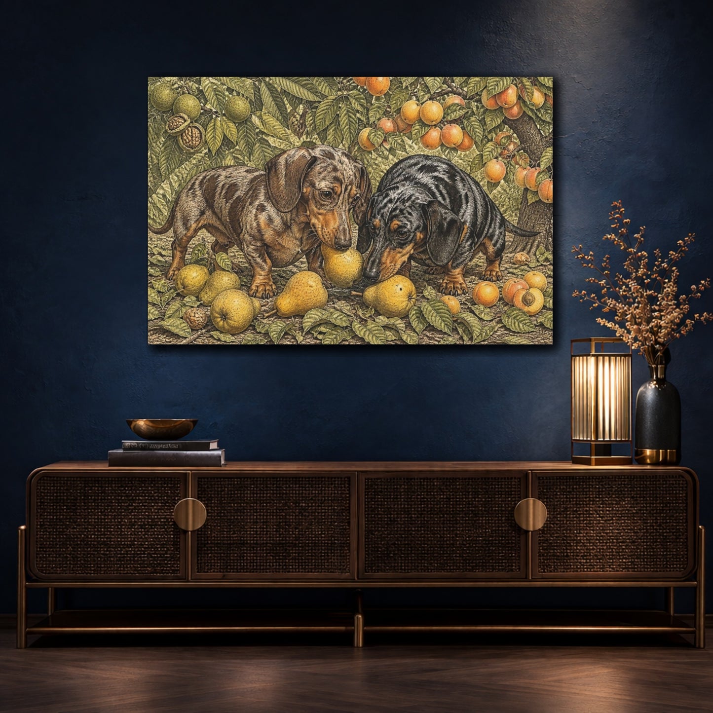 Mockup 4. Dachshund Pets In Orchard shown as canvas print