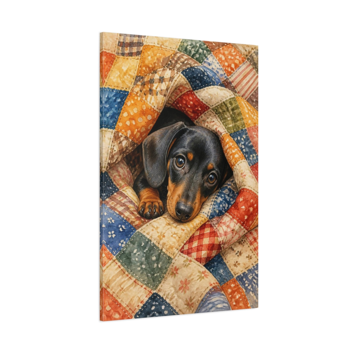 Side Mockup 1. Dachshund Pets Snuggle shown as canvas print