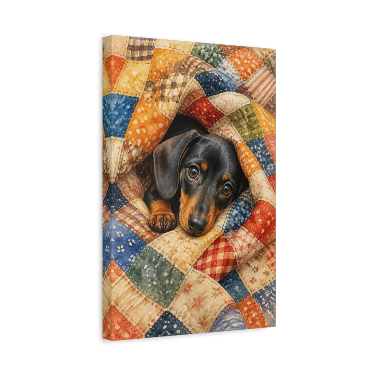 Side Mockup 4. Dachshund Pets Snuggle shown as canvas print