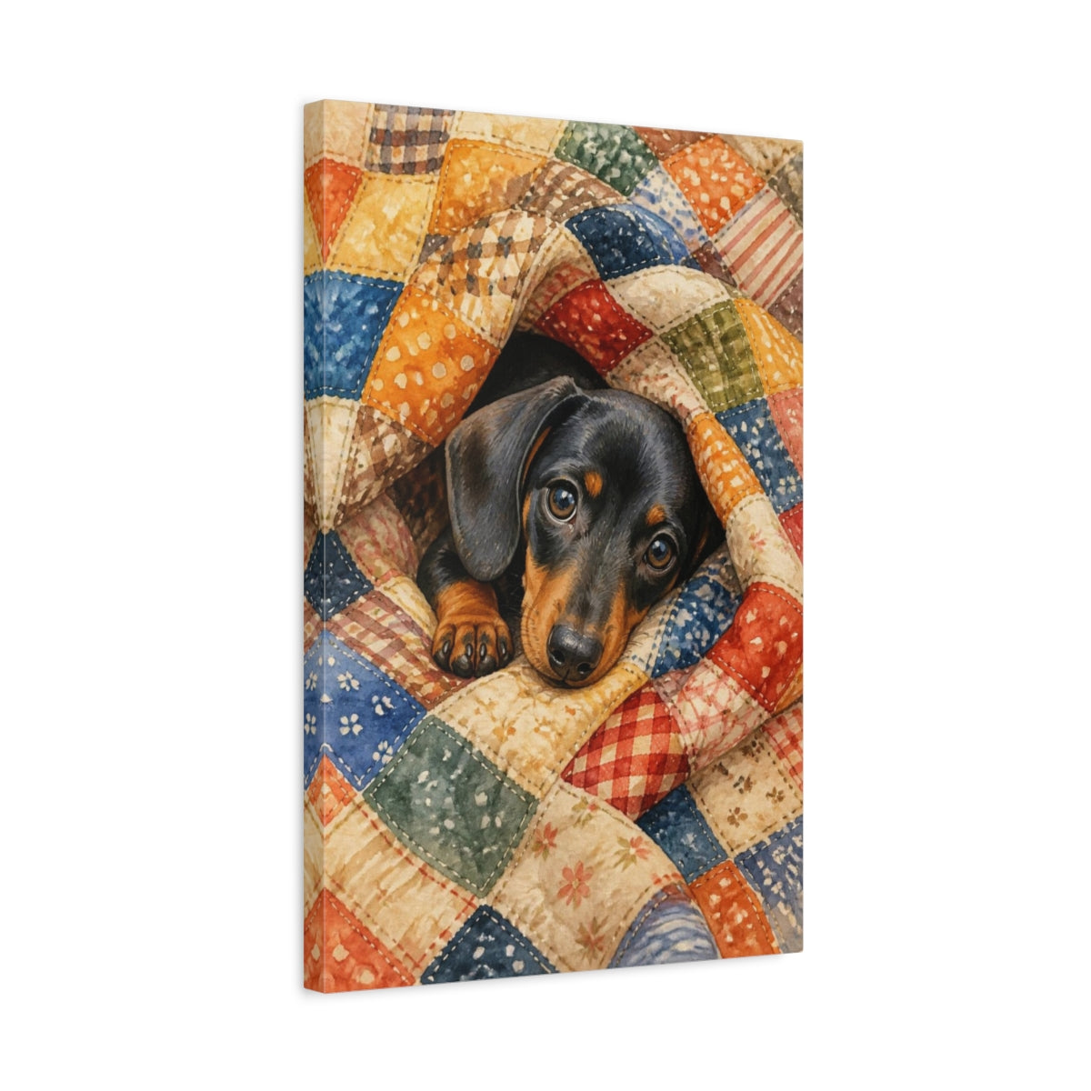 Side Mockup 3. Dachshund Pets Snuggle shown as canvas print