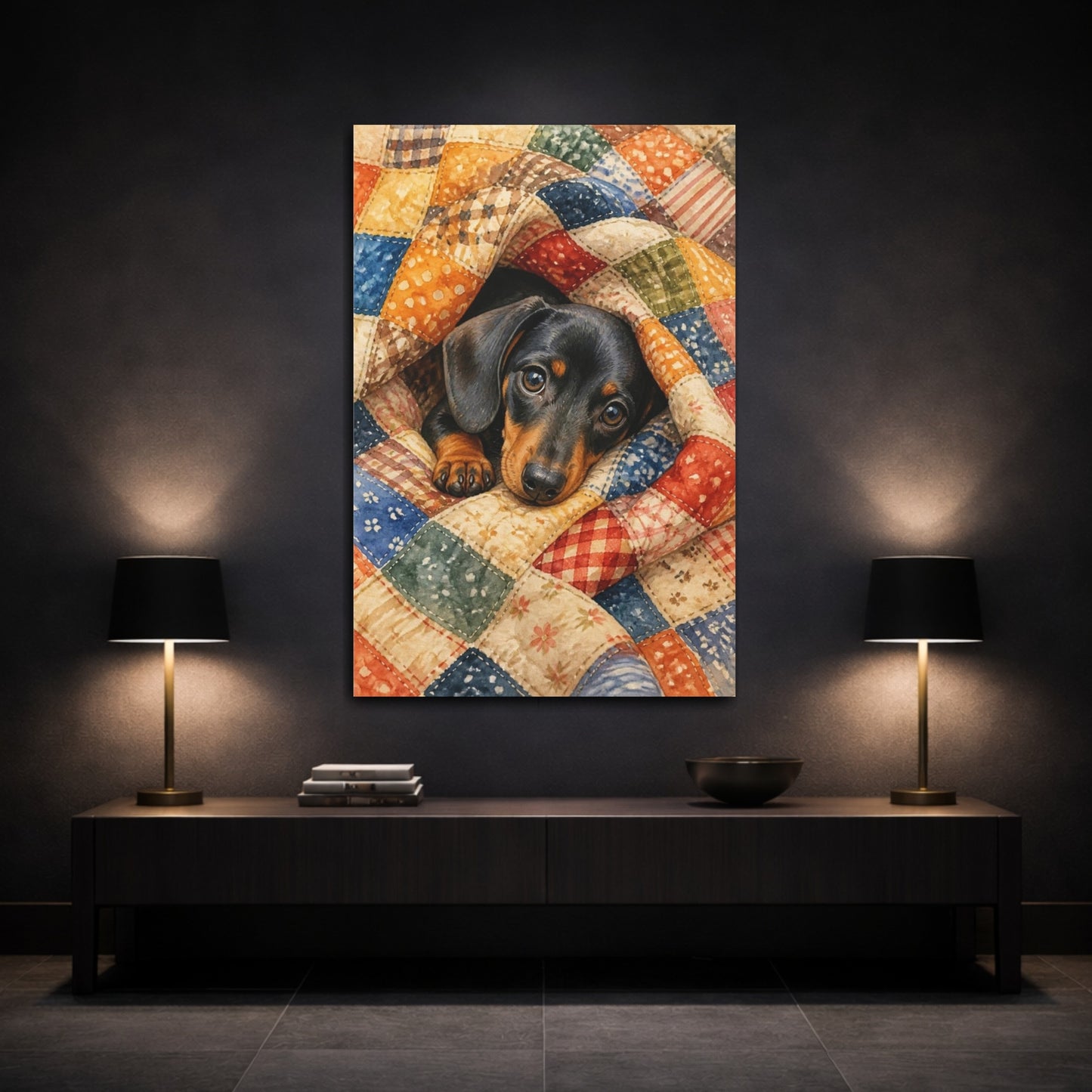 Mockup 3. Dachshund Pets Snuggle shown as canvas print