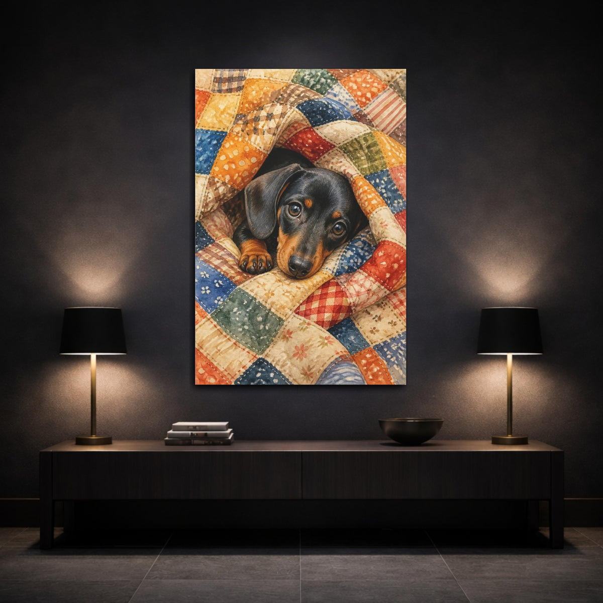 Mockup 3. Dachshund Pets Snuggle shown as canvas print