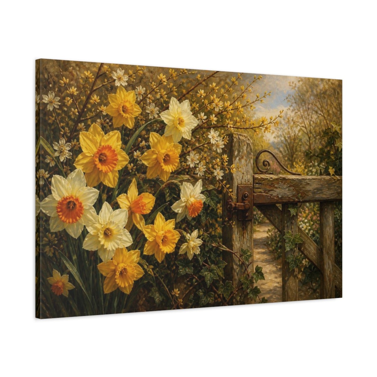 Main Mockup. Daffodils By Garden Gate shown as canvas print