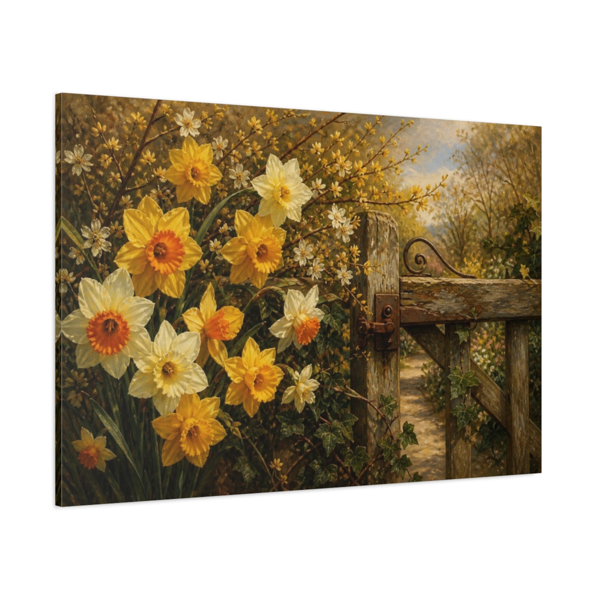 Side Mockup 1. Daffodils By Garden Gate shown as canvas print