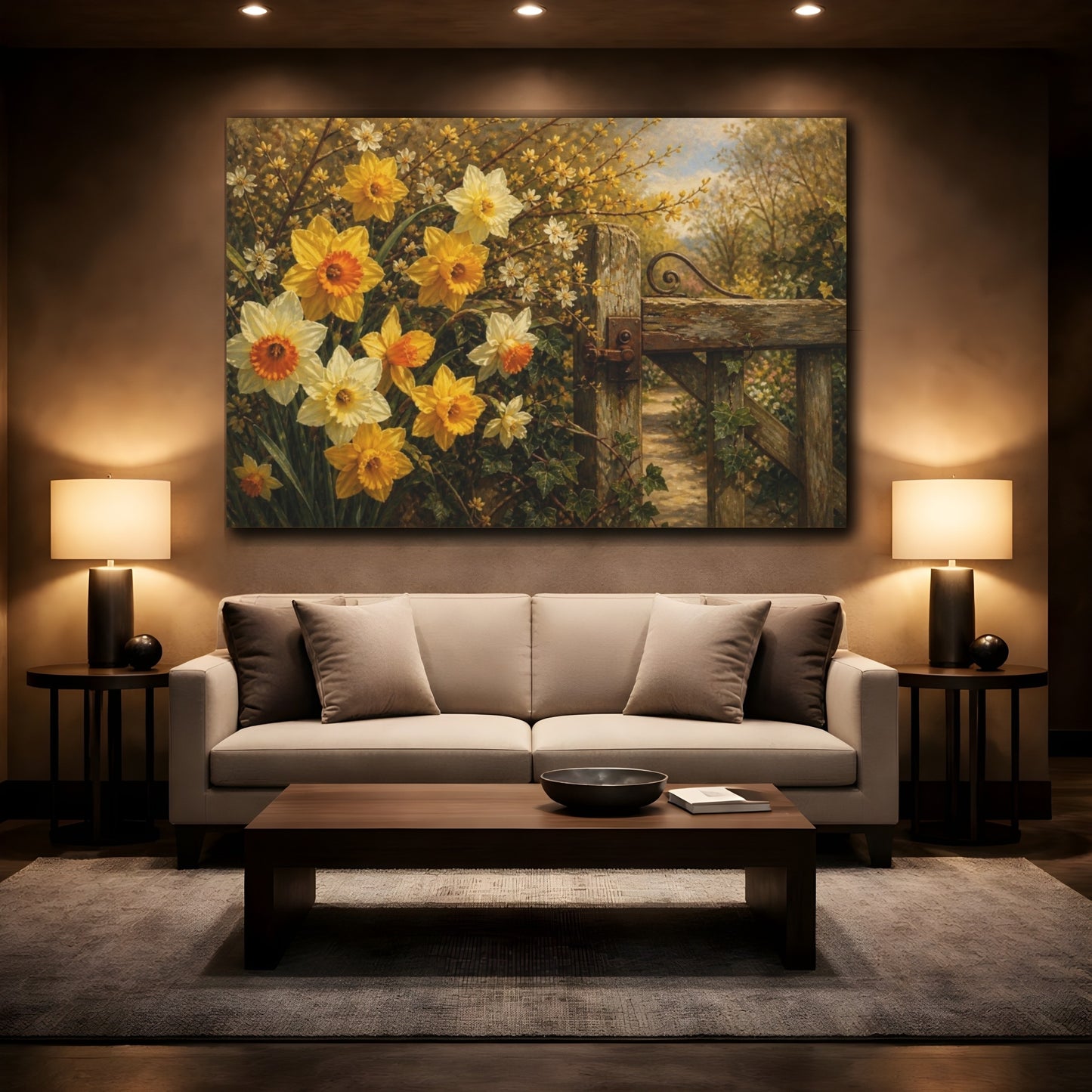 Mockup 2. Daffodils By Garden Gate shown as canvas print