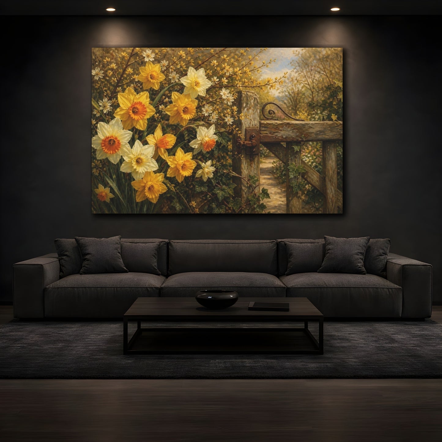 Mockup 3. Daffodils By Garden Gate shown as canvas print