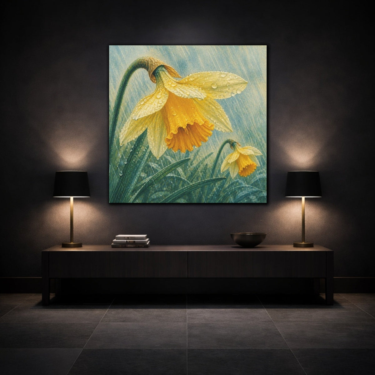 Daffodils In Spring Rain Canvas Print – Living Room, Above Sofa, Yellow-Green - YesArtYes