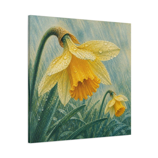 Daffodils In Spring Rain Canvas Print – Living Room, Above Sofa, Yellow-Green - YesArtYes