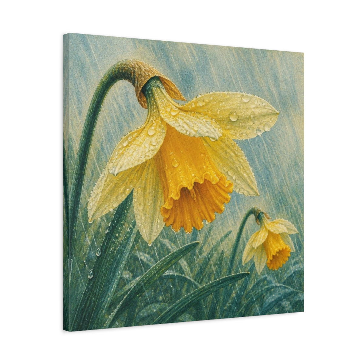 Side Mockup 4. Daffodils In Spring Rain shown as canvas print