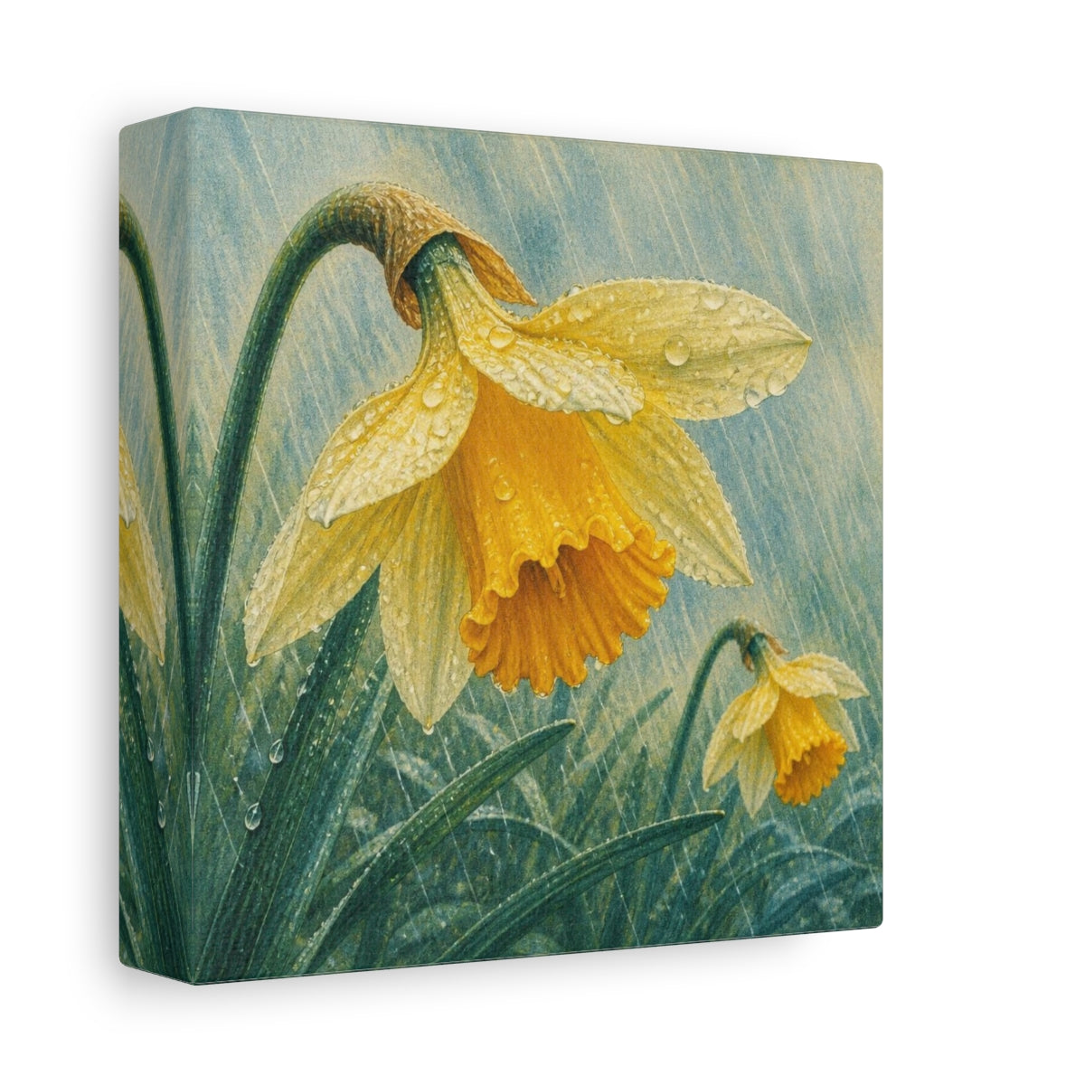 Side Mockup 2. Daffodils In Spring Rain shown as canvas print