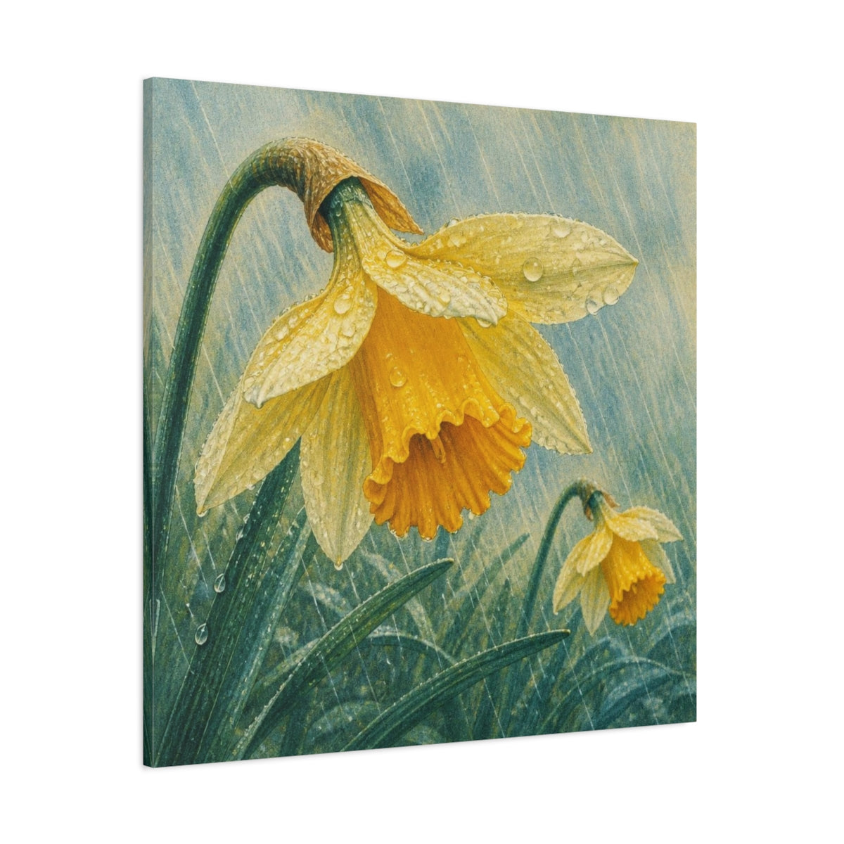 Side Mockup 1. Daffodils In Spring Rain shown as canvas print