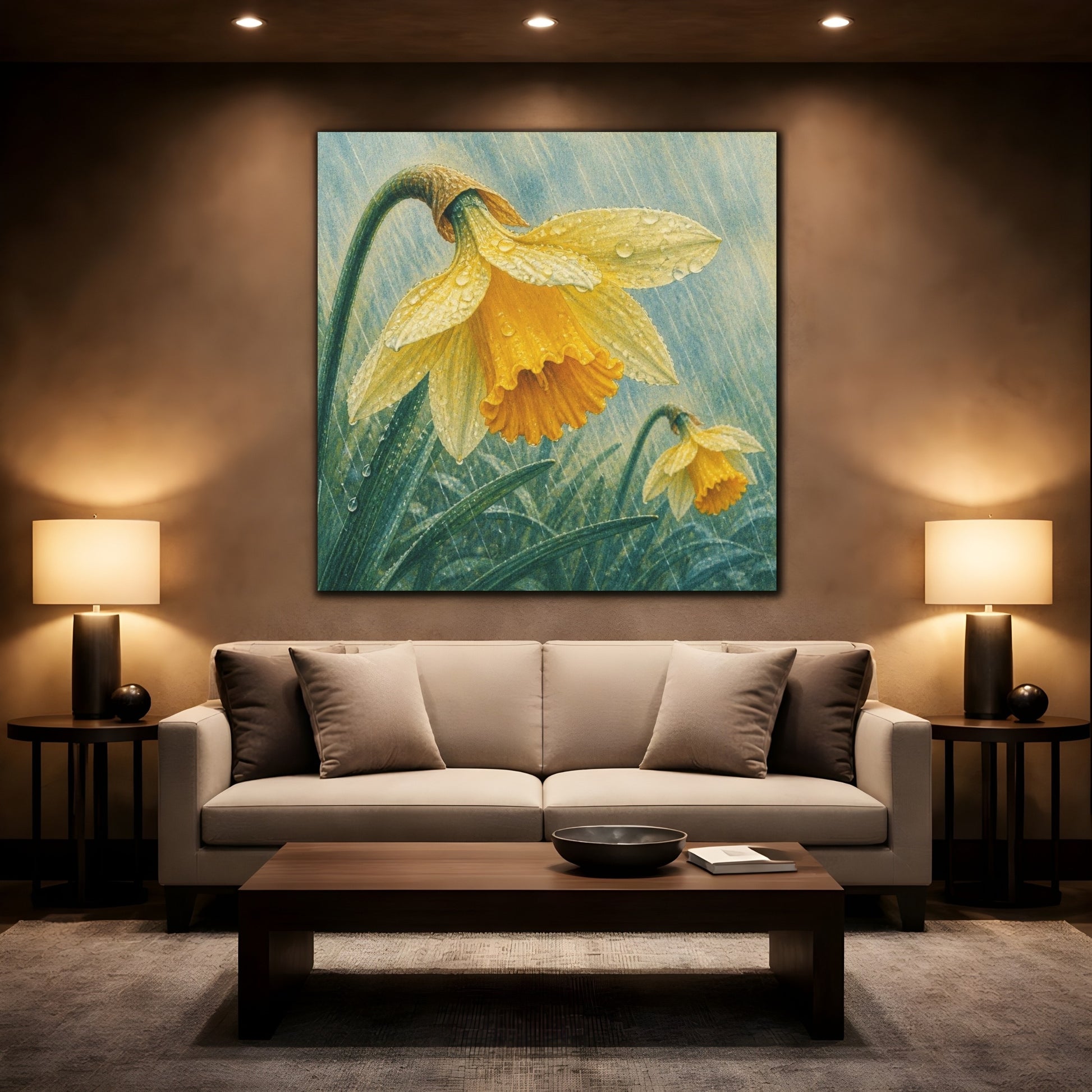 Mockup 2. Daffodils In Spring Rain shown as canvas print