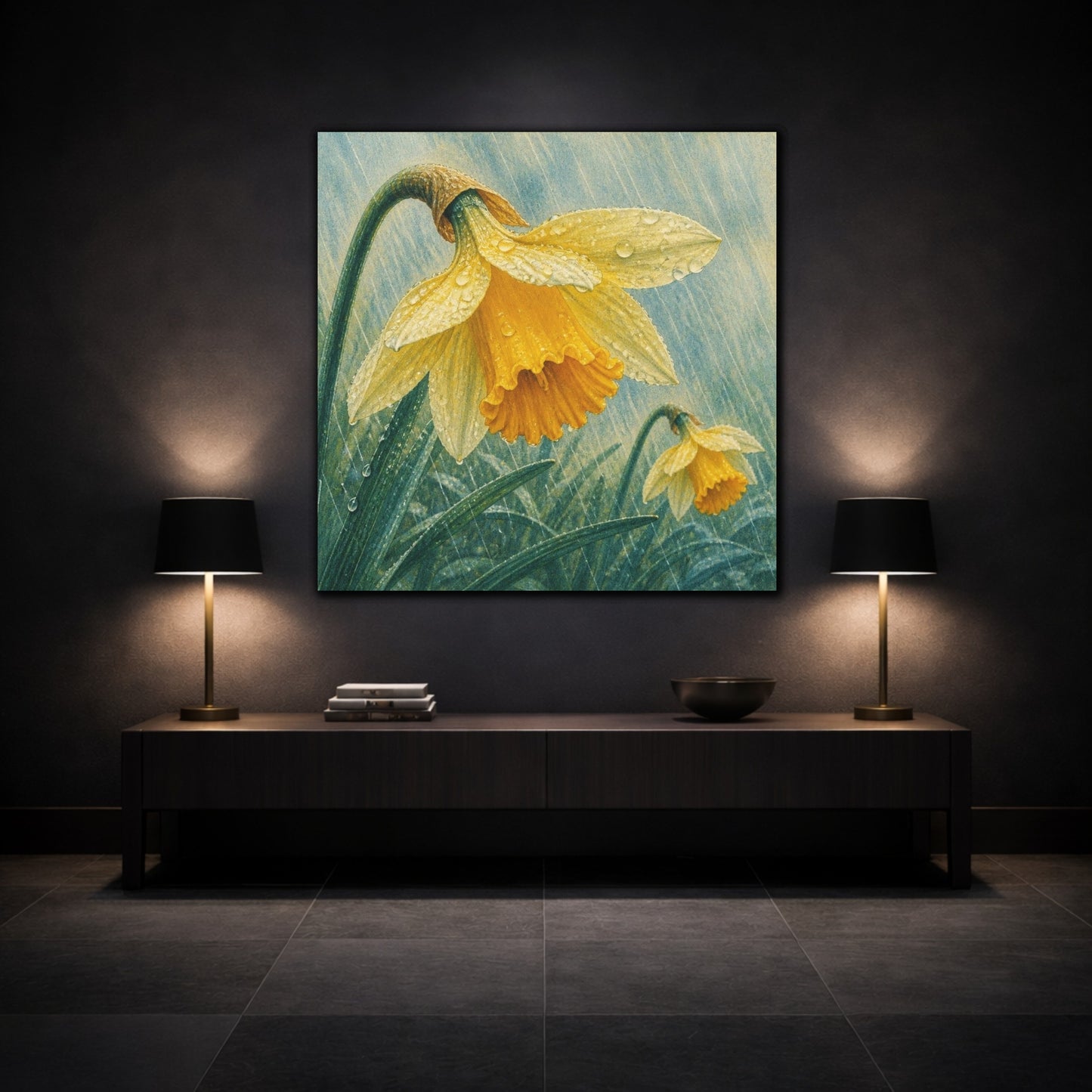 Mockup 3. Daffodils In Spring Rain shown as canvas print