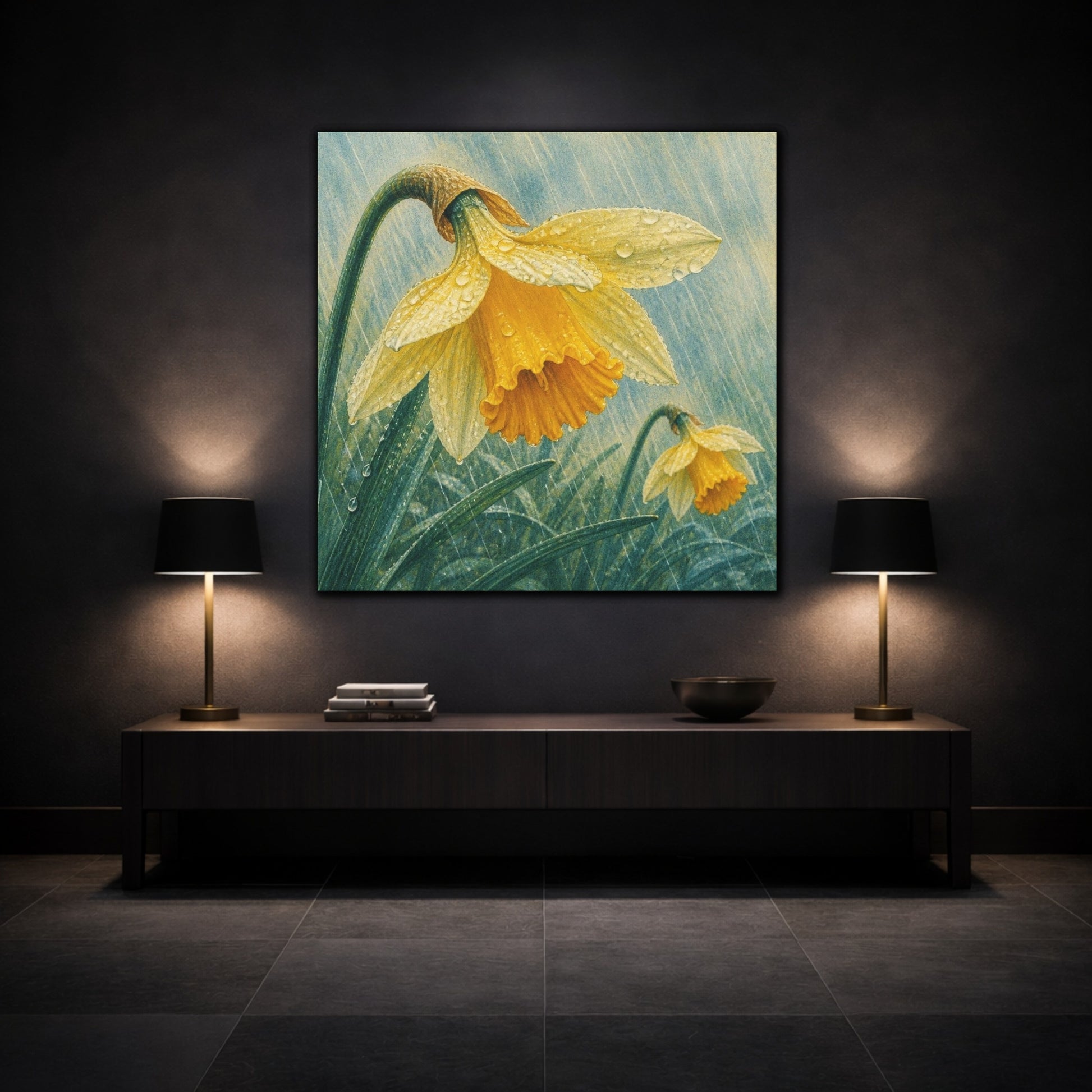 Mockup 3. Daffodils In Spring Rain shown as canvas print