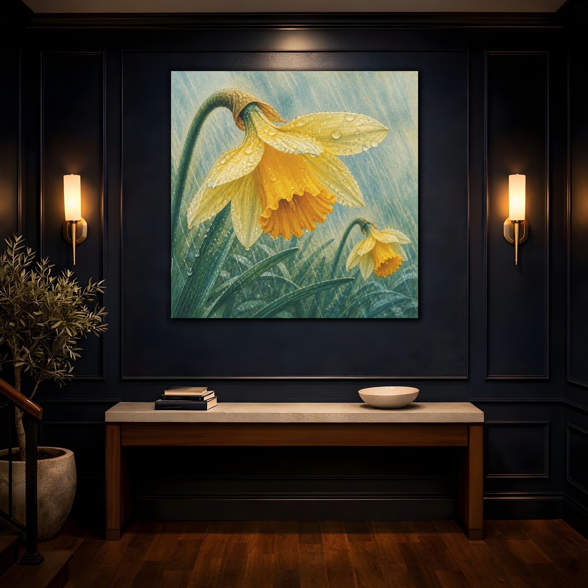 Mockup 4. Daffodils In Spring Rain shown as canvas print