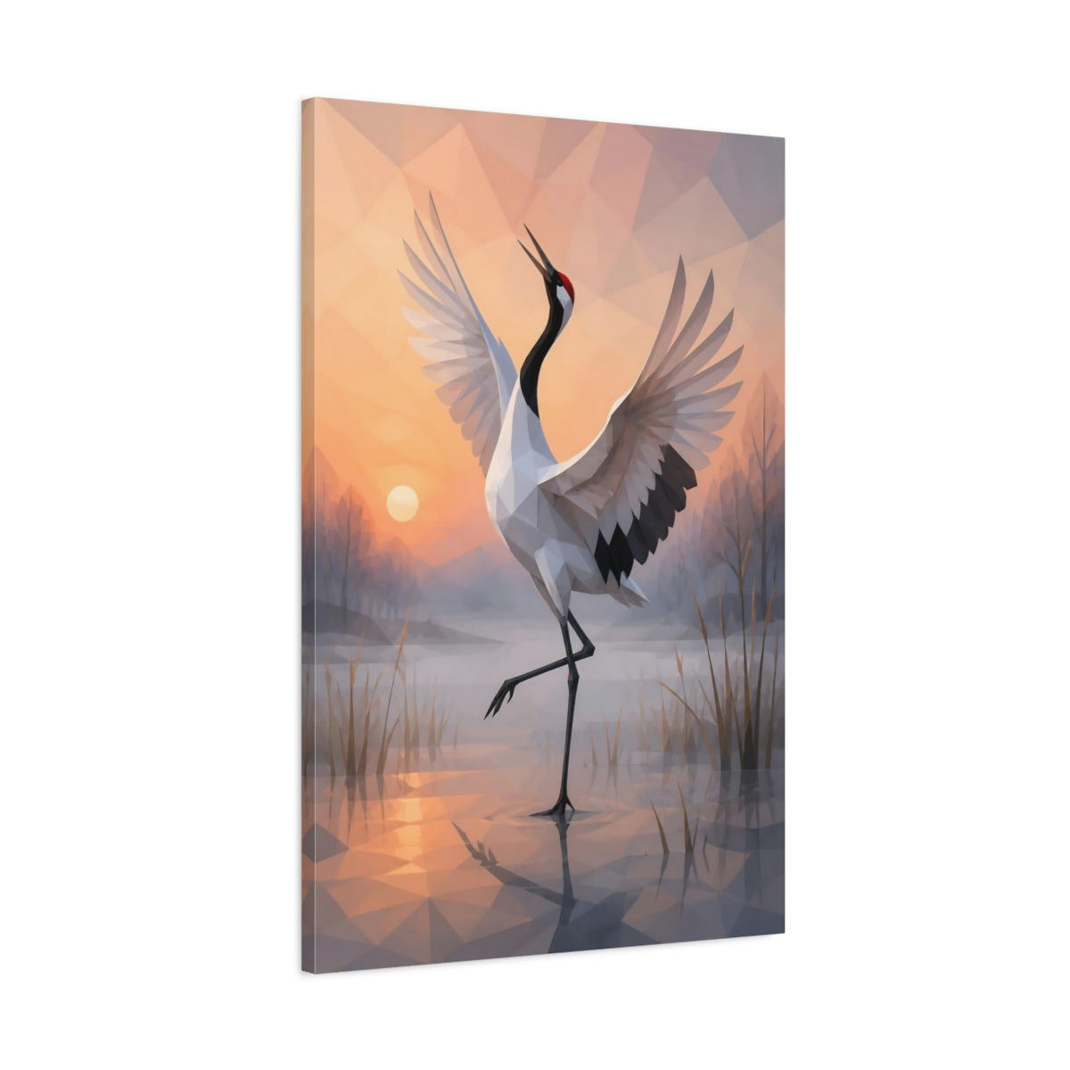 Main Mockup. Dancing Crane Animal shown as canvas print