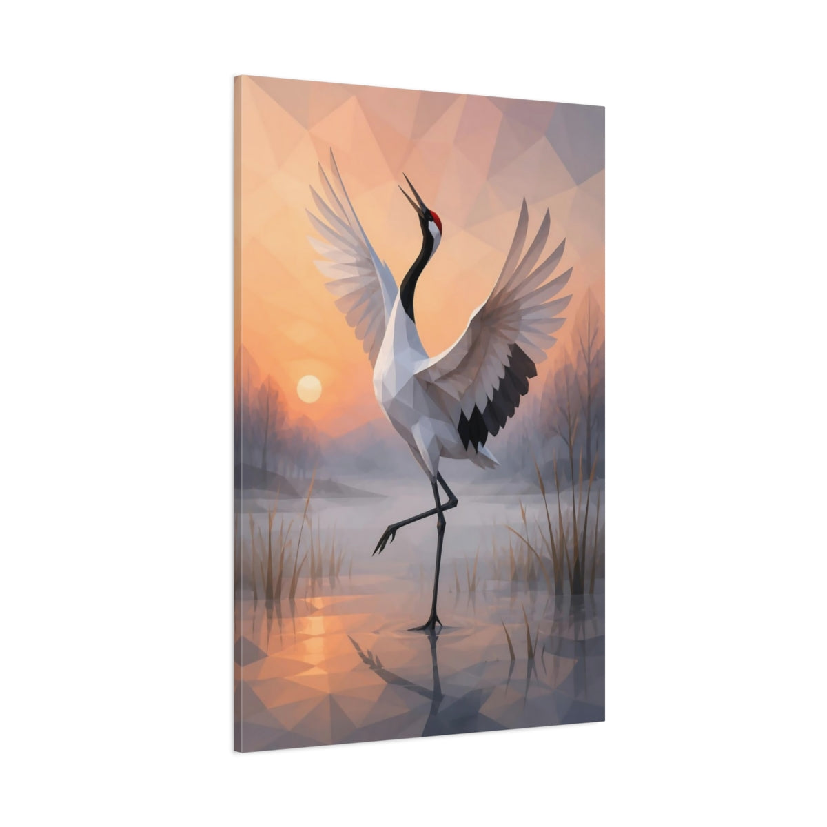 Side Mockup 1. Dancing Crane Animal shown as canvas print