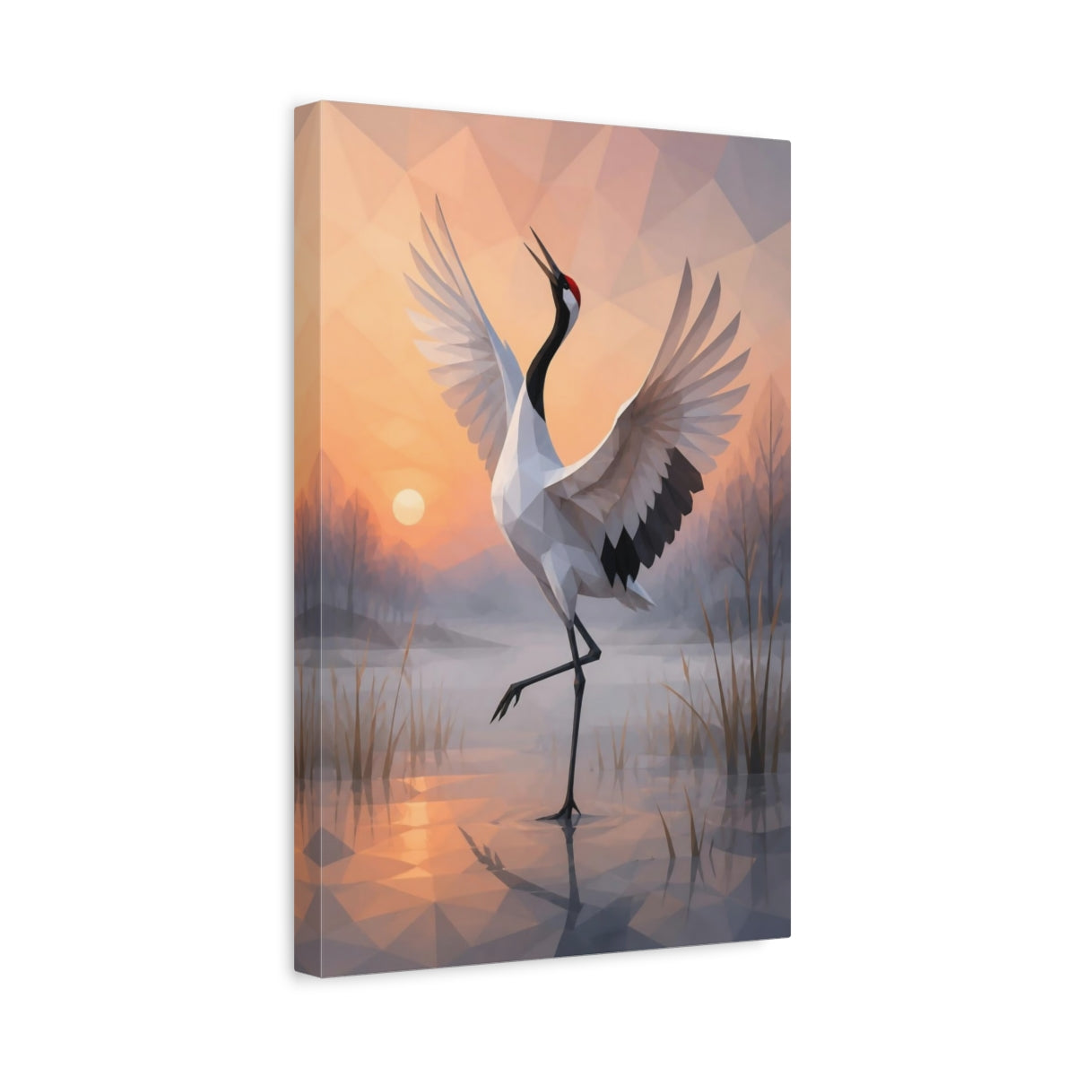 Side Mockup 4. Dancing Crane Animal shown as canvas print