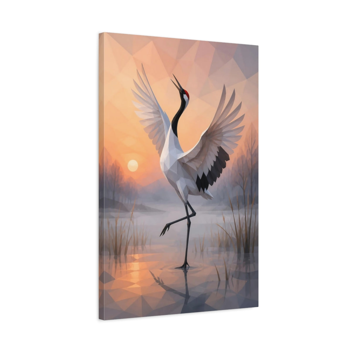 Side Mockup 2. Dancing Crane Animal shown as canvas print