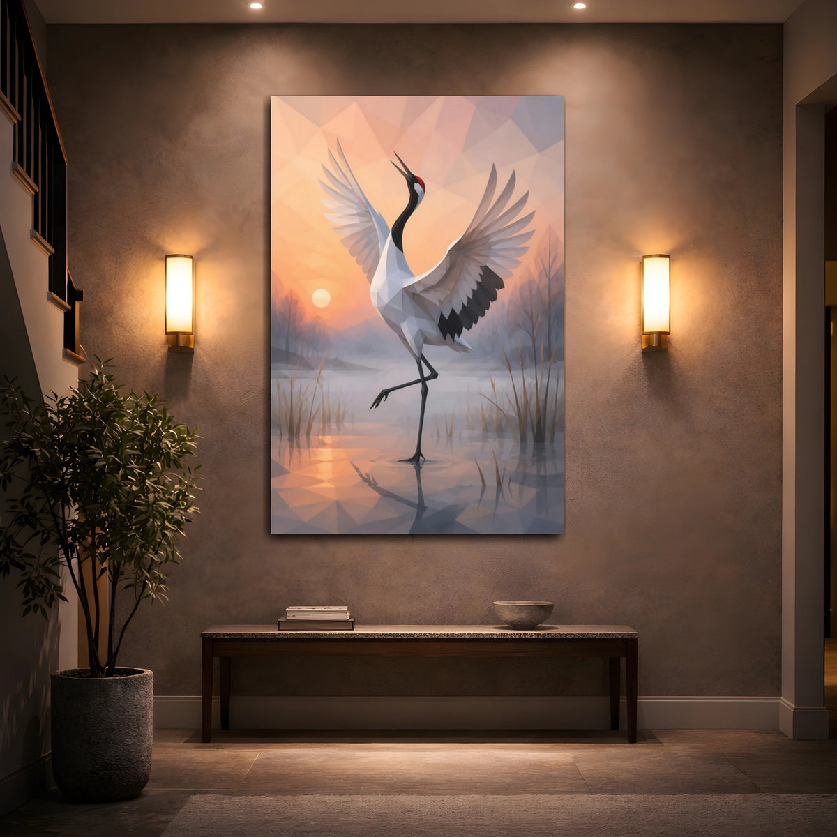 Mockup 2. Dancing Crane Animal shown as canvas print