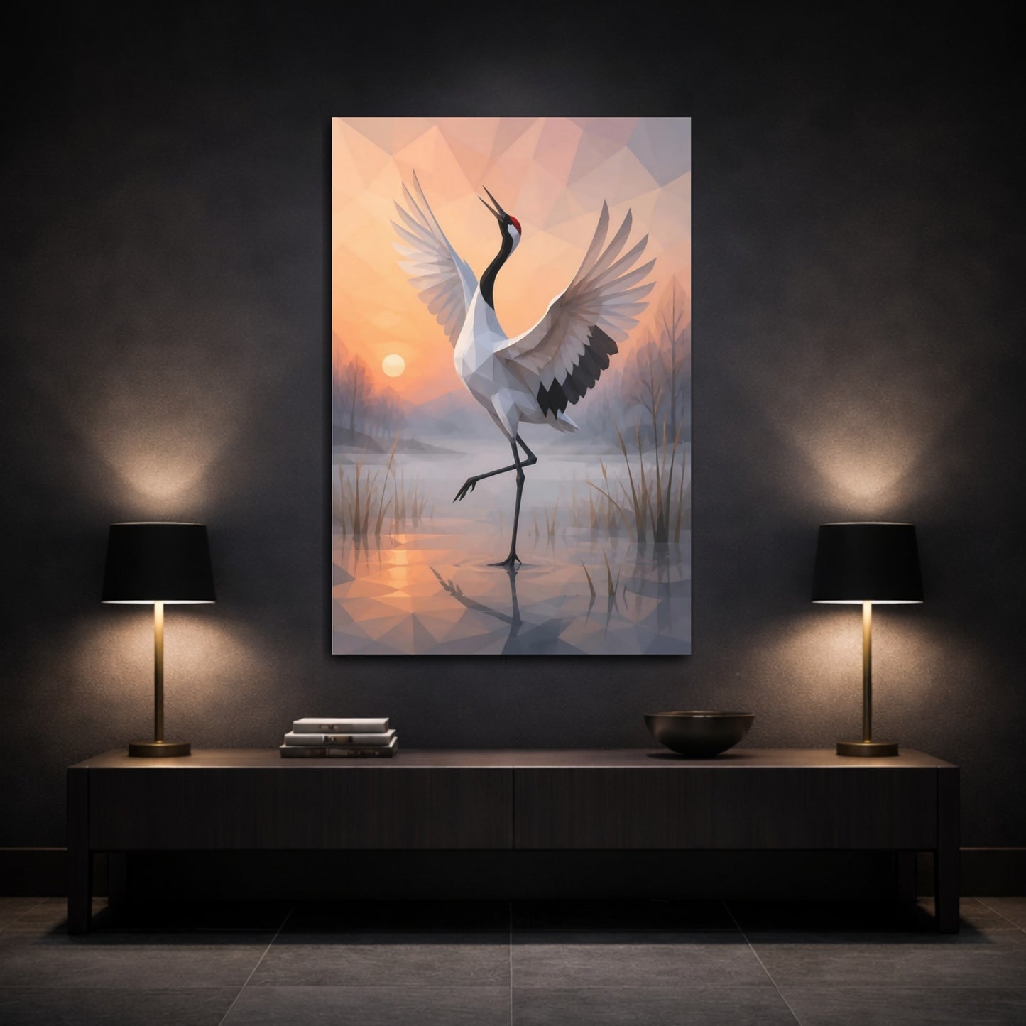 Mockup 3. Dancing Crane Animal shown as canvas print