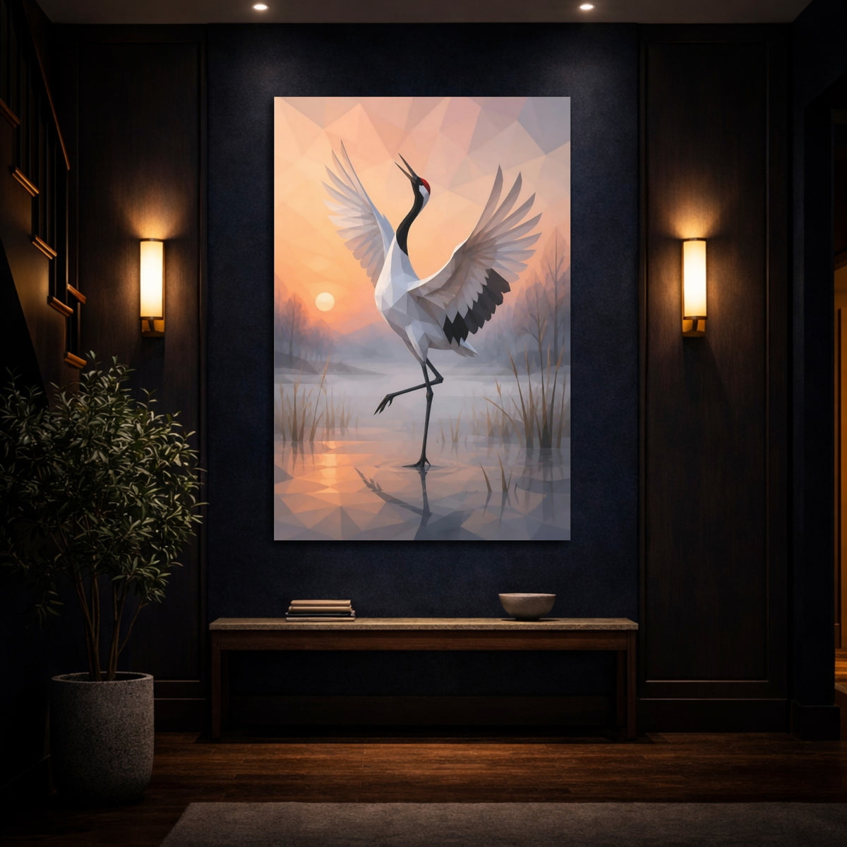 Mockup 4. Dancing Crane Animal shown as canvas print