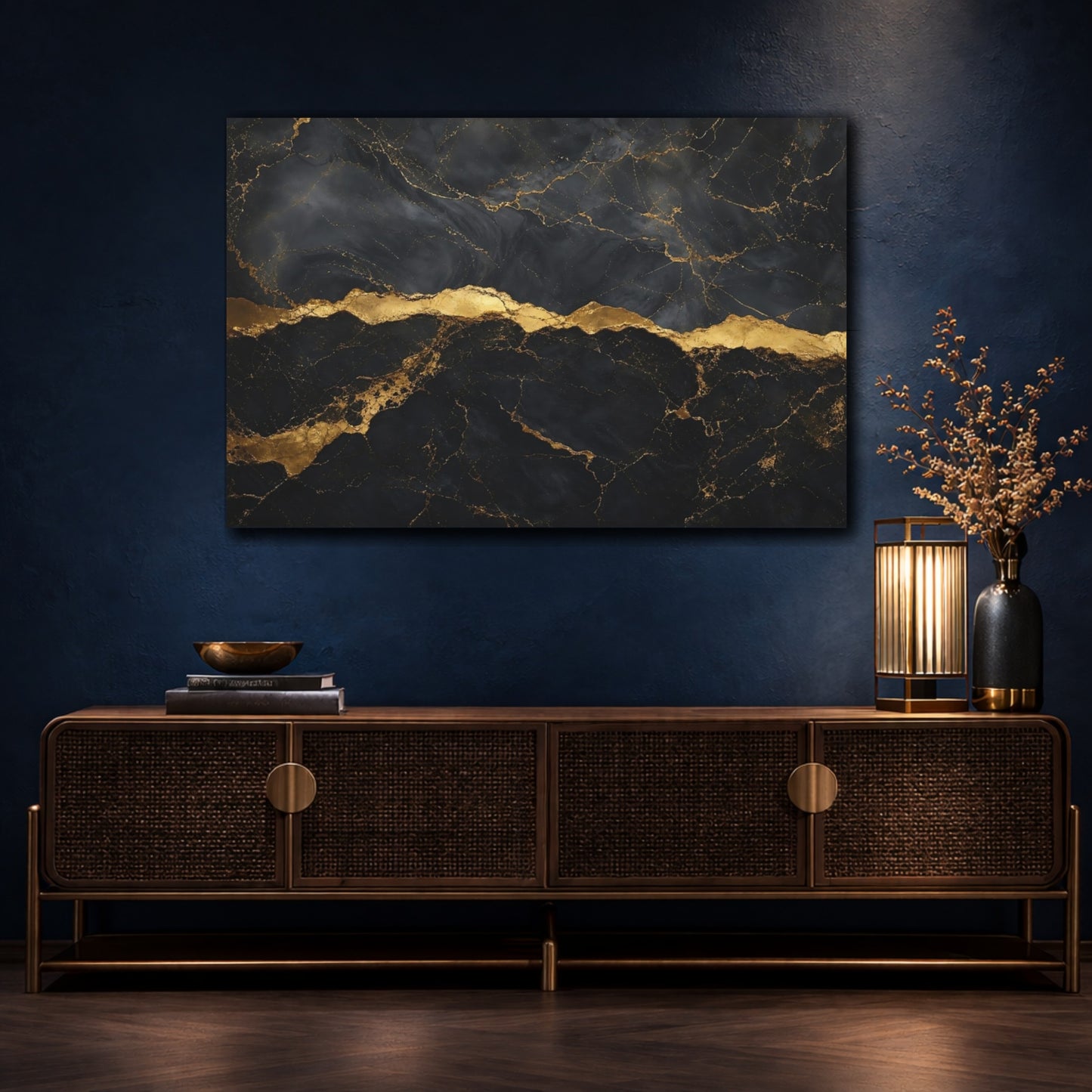 Mockup 2. Dark Contrast Marble Gold Vein Texture shown as stretched canvas wall art