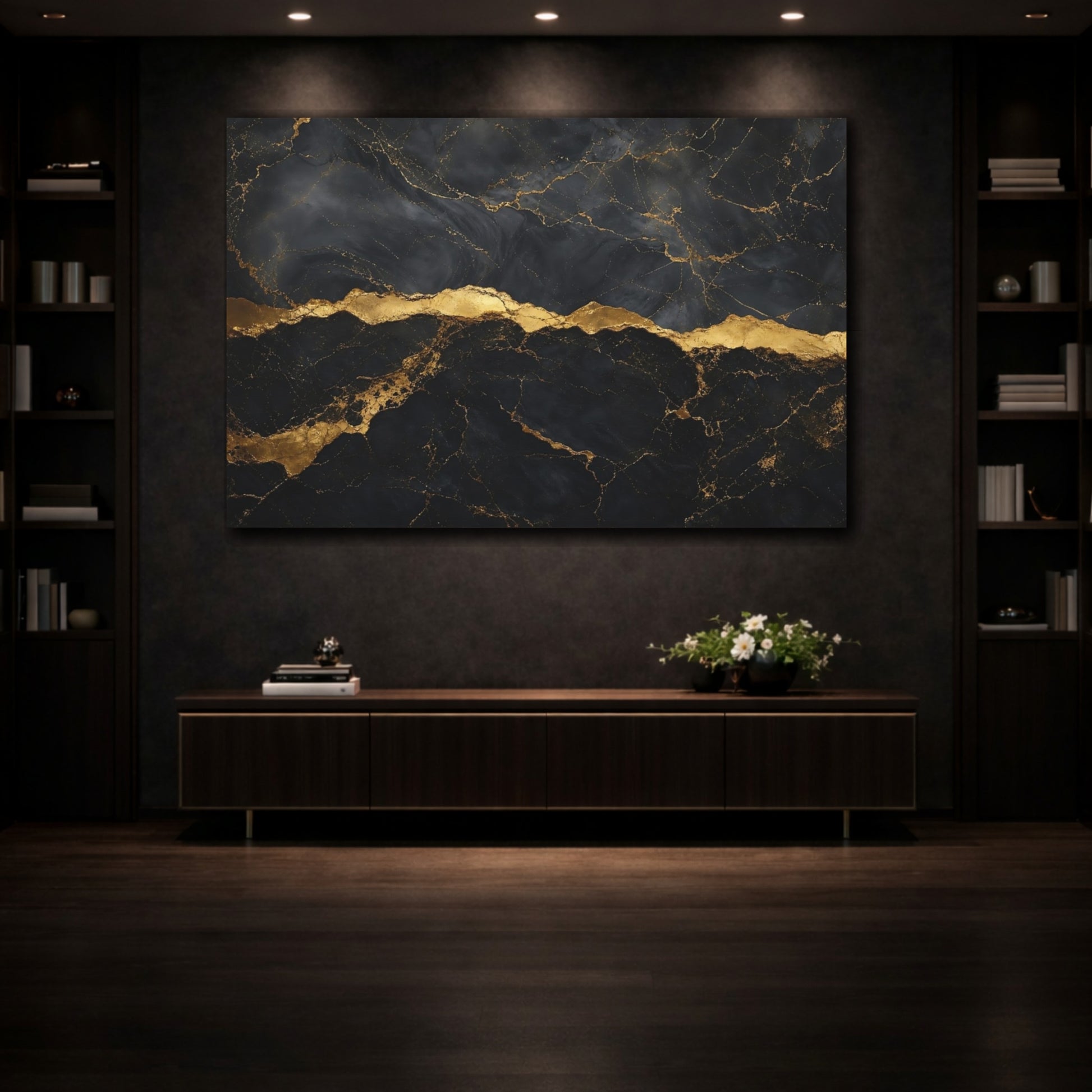 Mockup 3. Dark Contrast Marble Gold Vein Texture shown as stretched canvas wall art