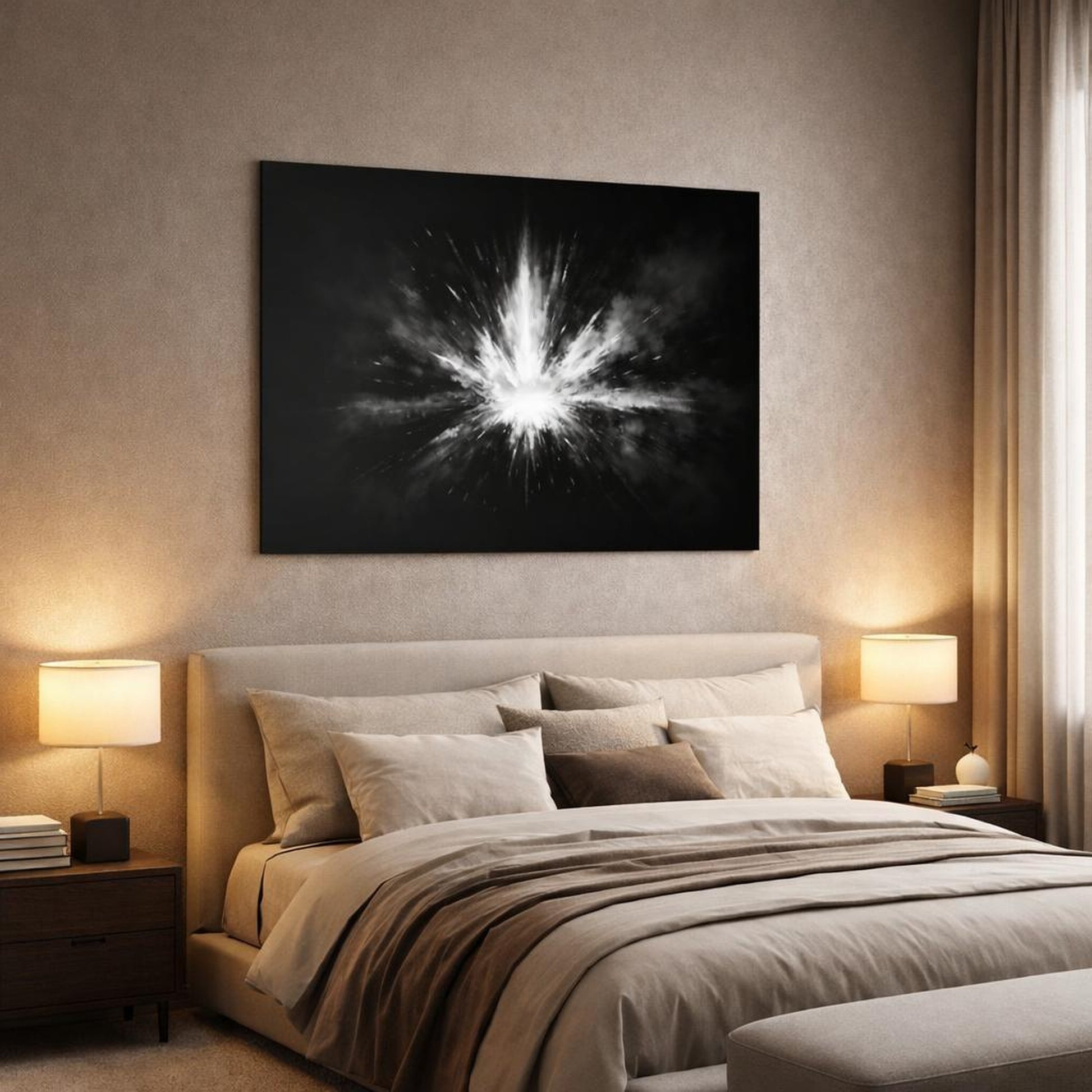 Dark Dramatic Black White Art shown as canvas wall art in a luxury bedroom