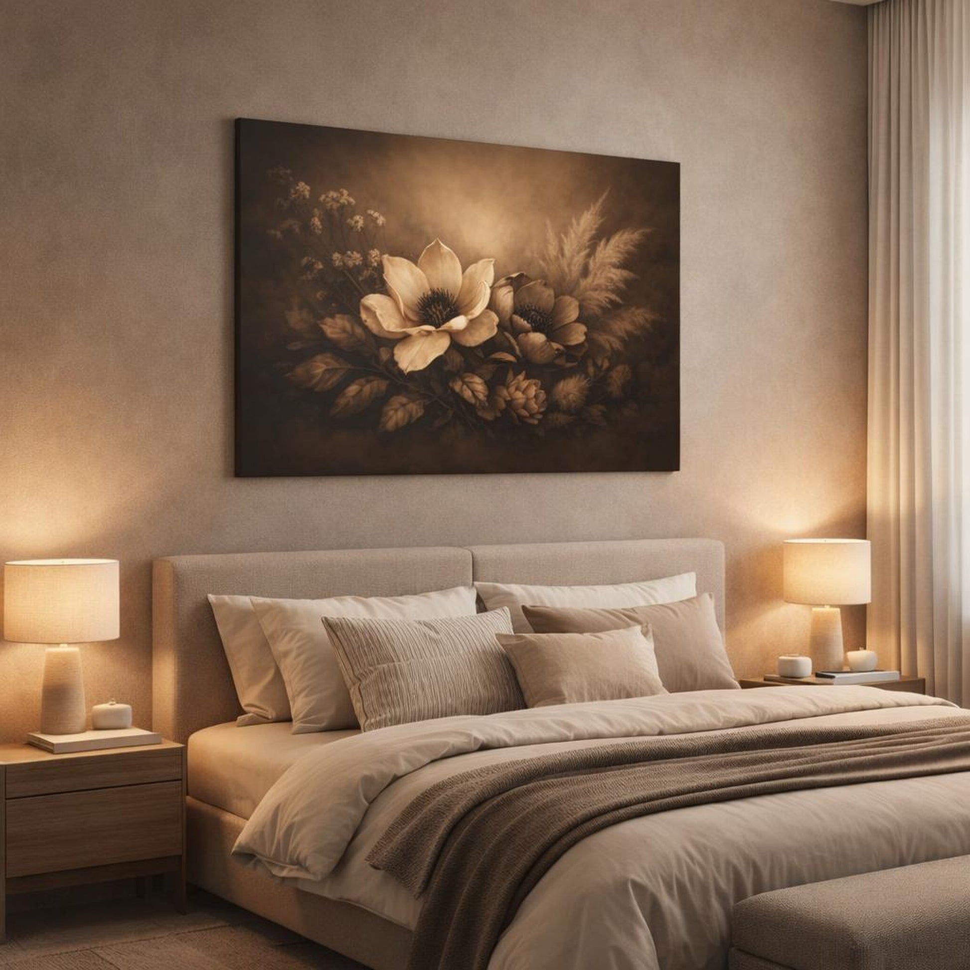 Dark Dramatic Botanical Beige shown as canvas wall art in a luxury bedroom