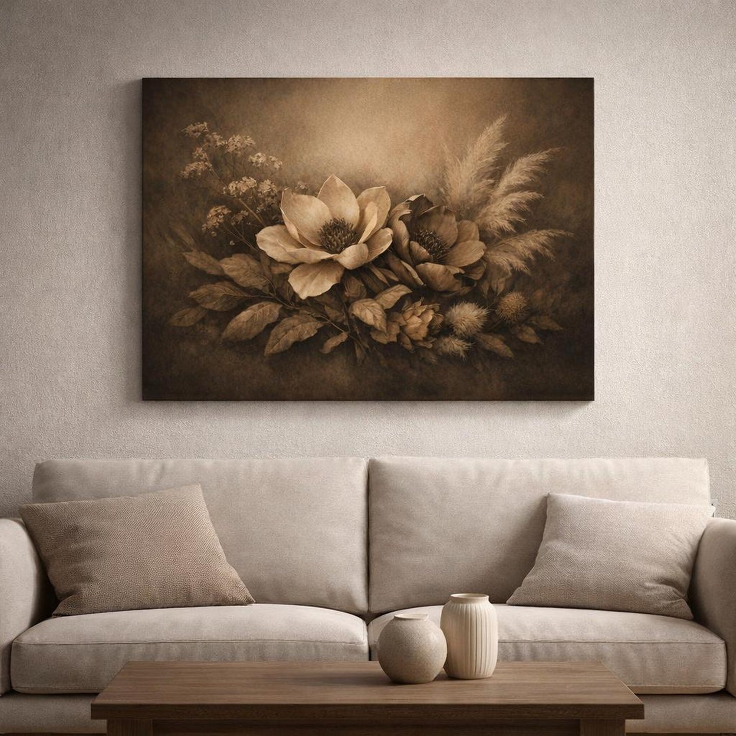 Dark Dramatic Botanical Beige shown as canvas wall art in a luxury executive office
