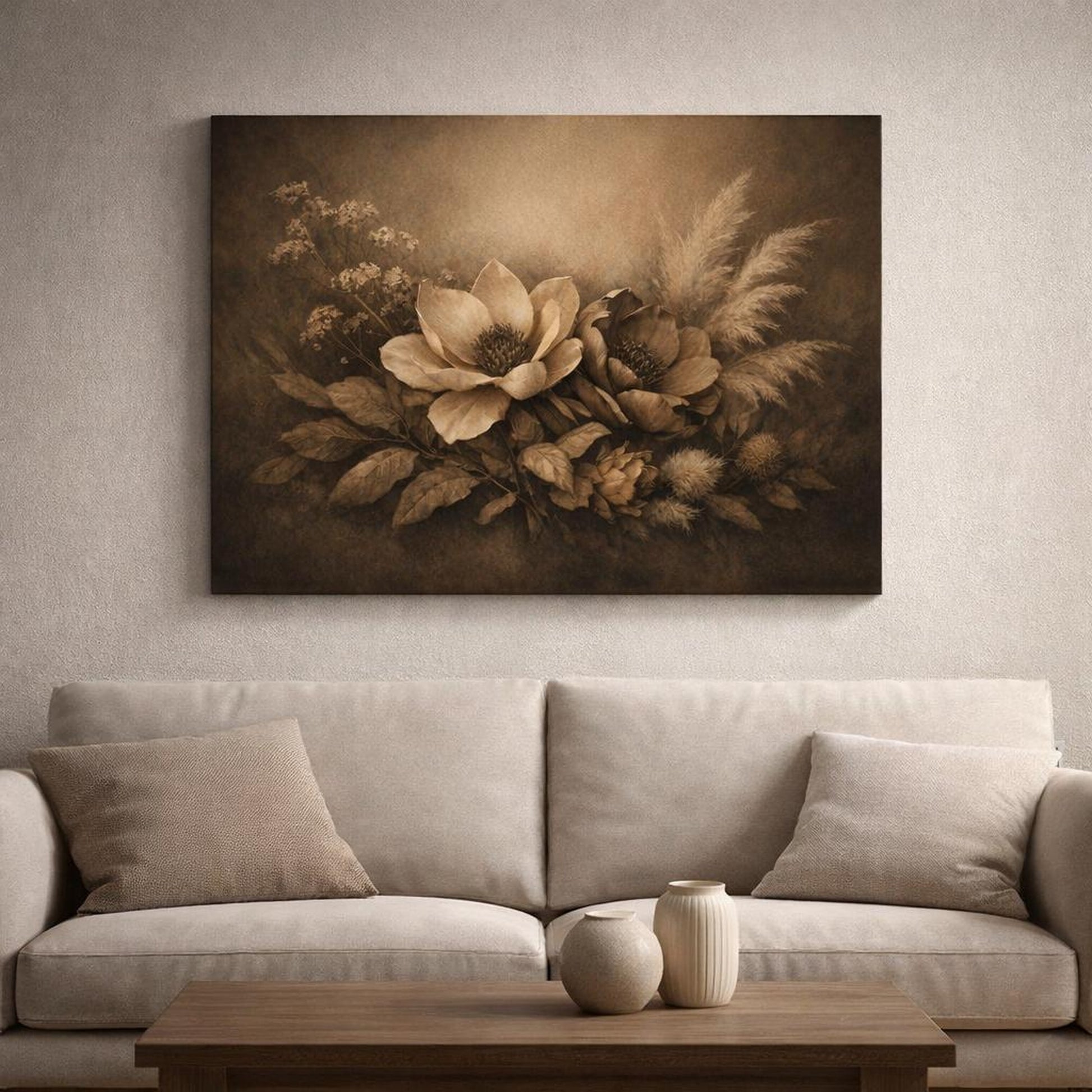 Dark Dramatic Botanical Beige shown as canvas wall art in a luxury executive office