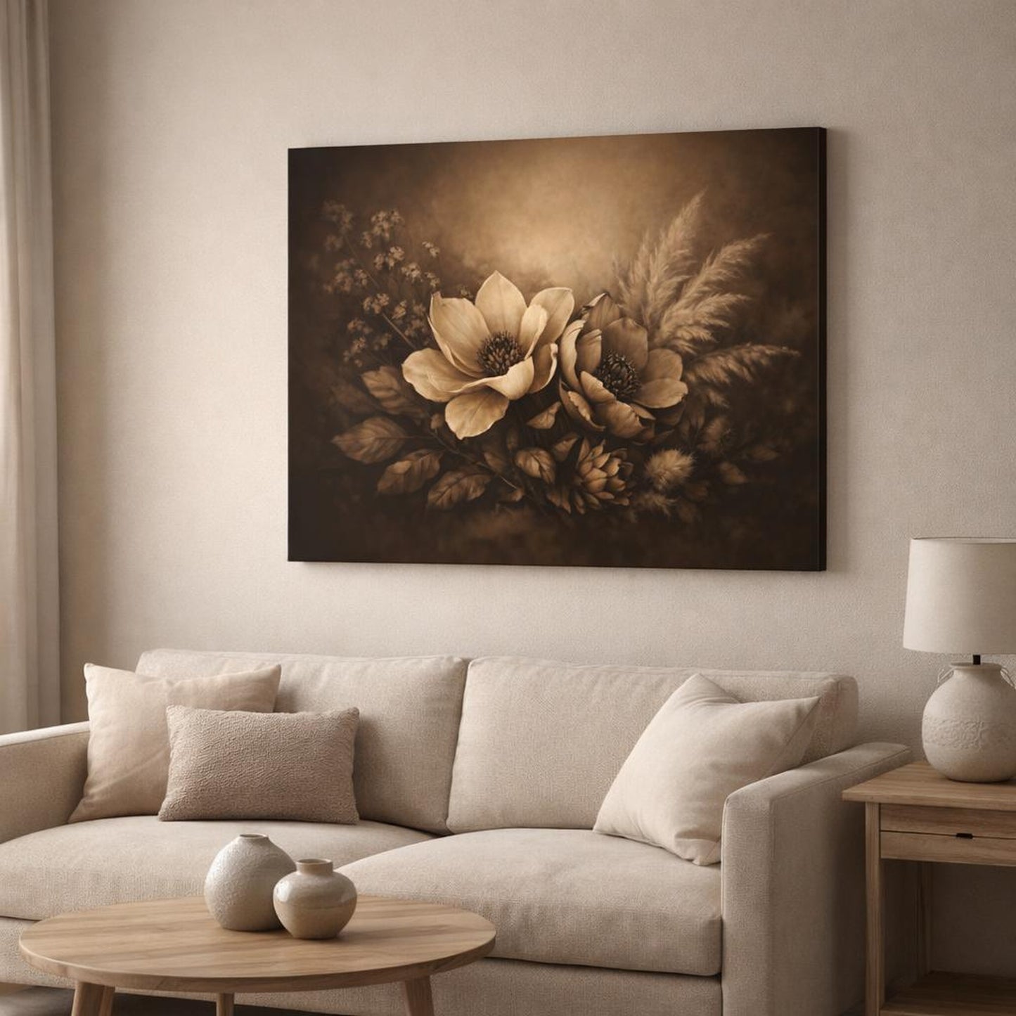 Dark Dramatic Botanical Beige shown as canvas wall art in a modern living room