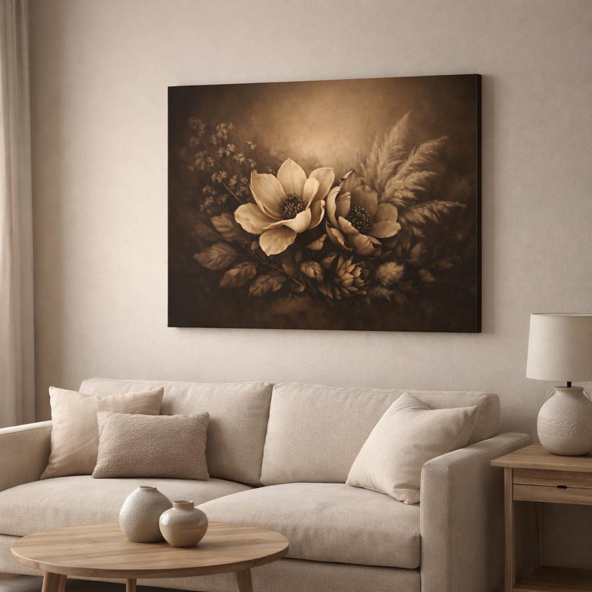Dark Dramatic Botanical Beige shown as canvas wall art in a modern living room