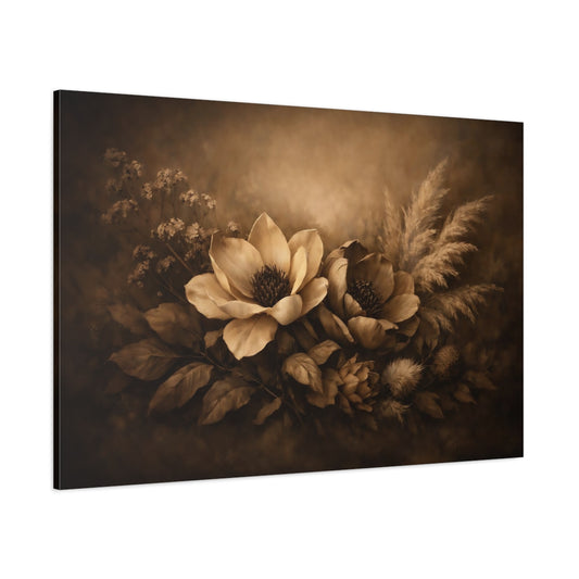 Dark Dramatic Botanical Beige shown as stretched canvas wall art
