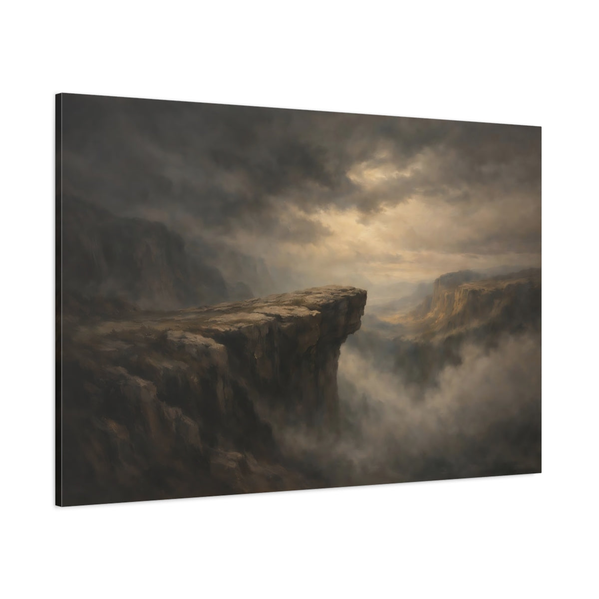 Main Mockup. Dark Dramatic Cliff Edge Wide Drop Scene shown as stretched canvas wall art