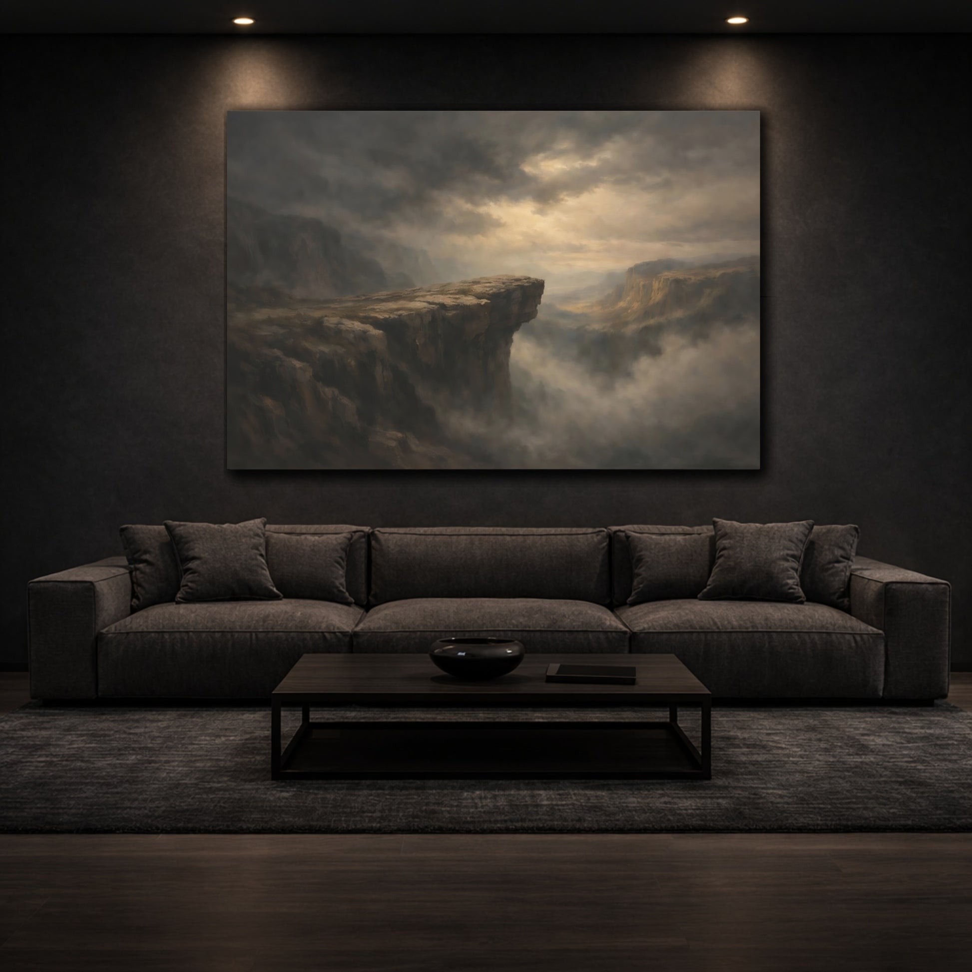 Mockup 2. Dark Dramatic Cliff Edge Wide Drop Scene shown as stretched canvas wall art
