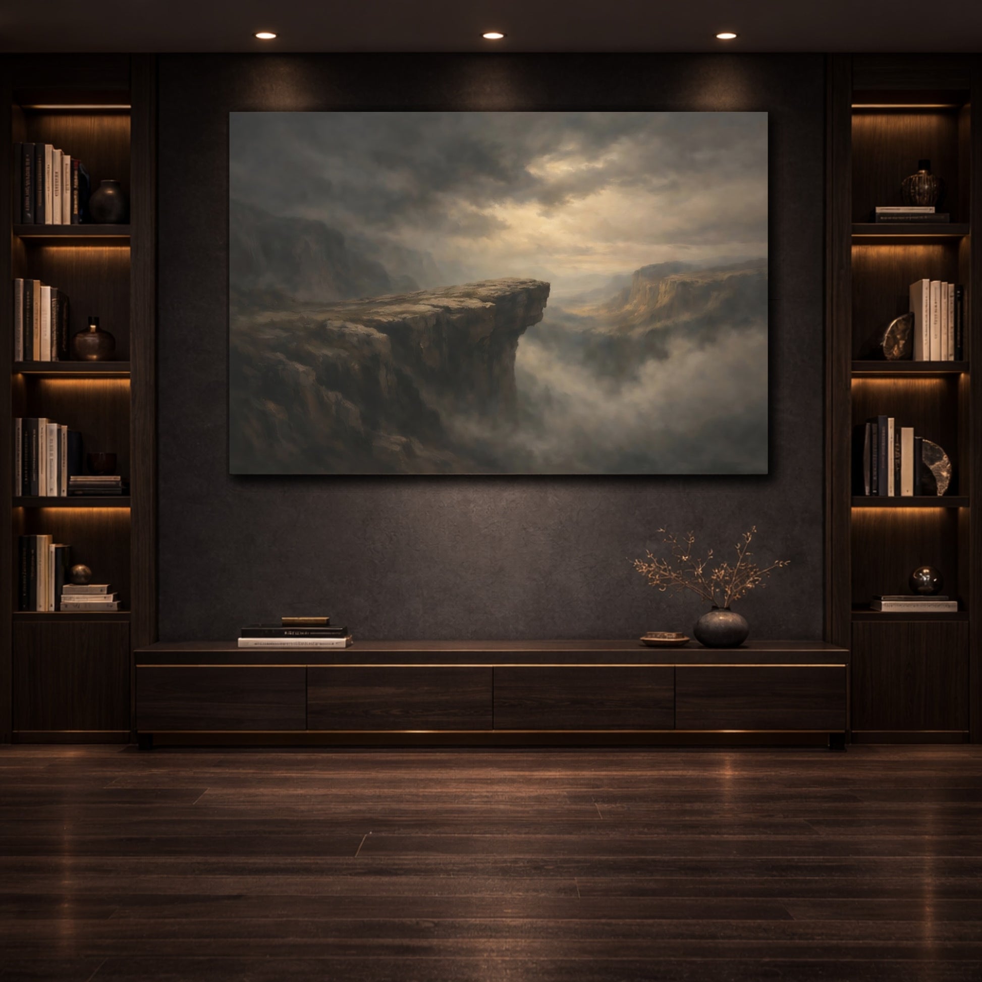 Mockup 3. Dark Dramatic Cliff Edge Wide Drop Scene shown as stretched canvas wall art