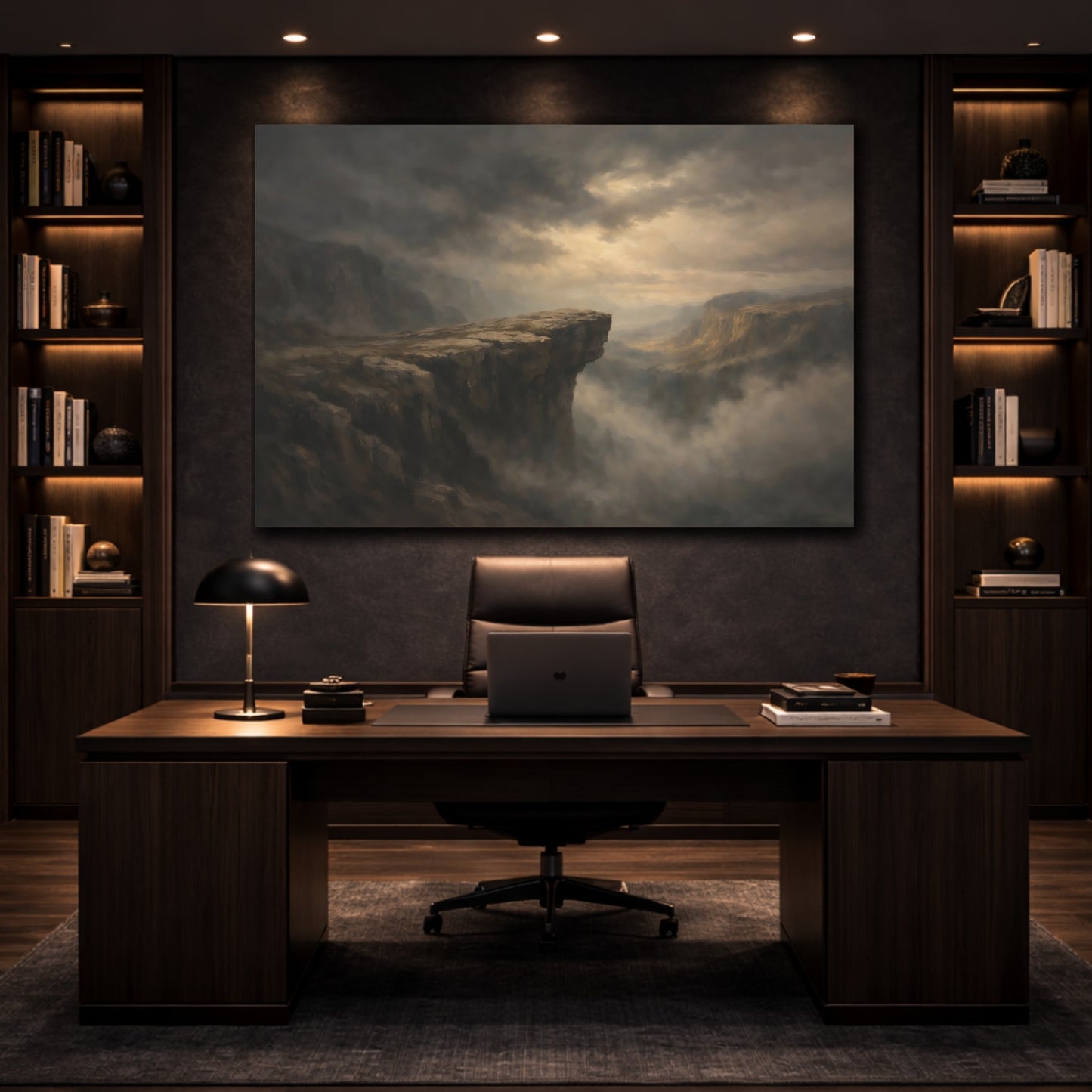 Mockup 4. Dark Dramatic Cliff Edge Wide Drop Scene shown as stretched canvas wall art