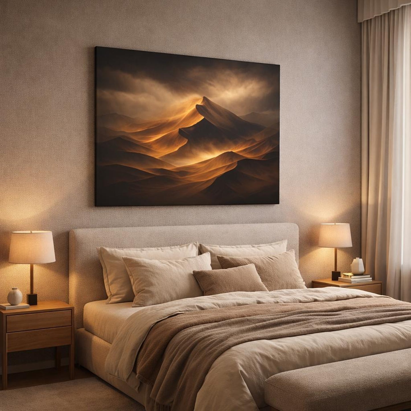 Dark Dramatic Desert Dunes shown as canvas wall art in a luxury bedroom