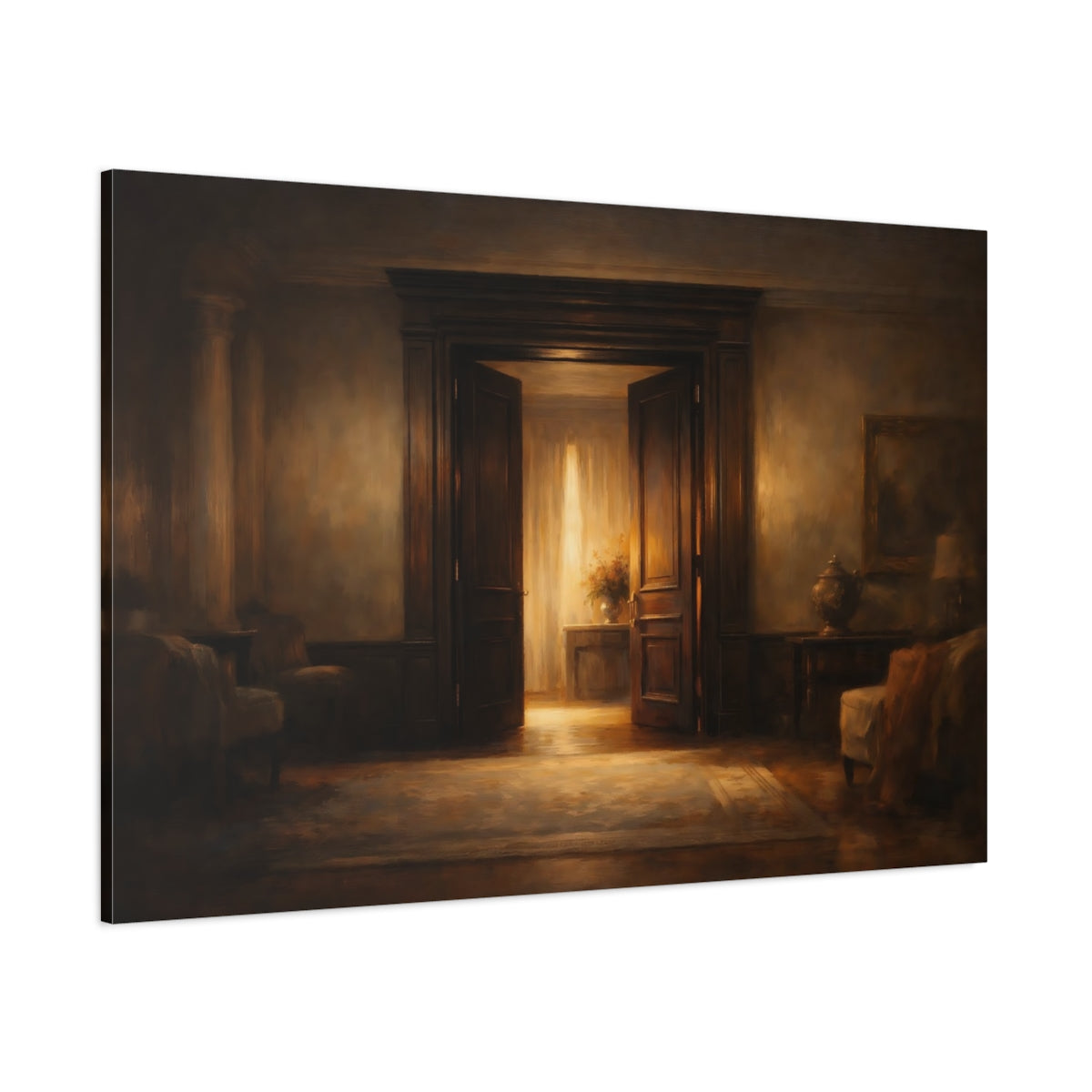 Main Mockup. Dark Dramatic Door Frame Soft Light Edge shown as stretched canvas wall art