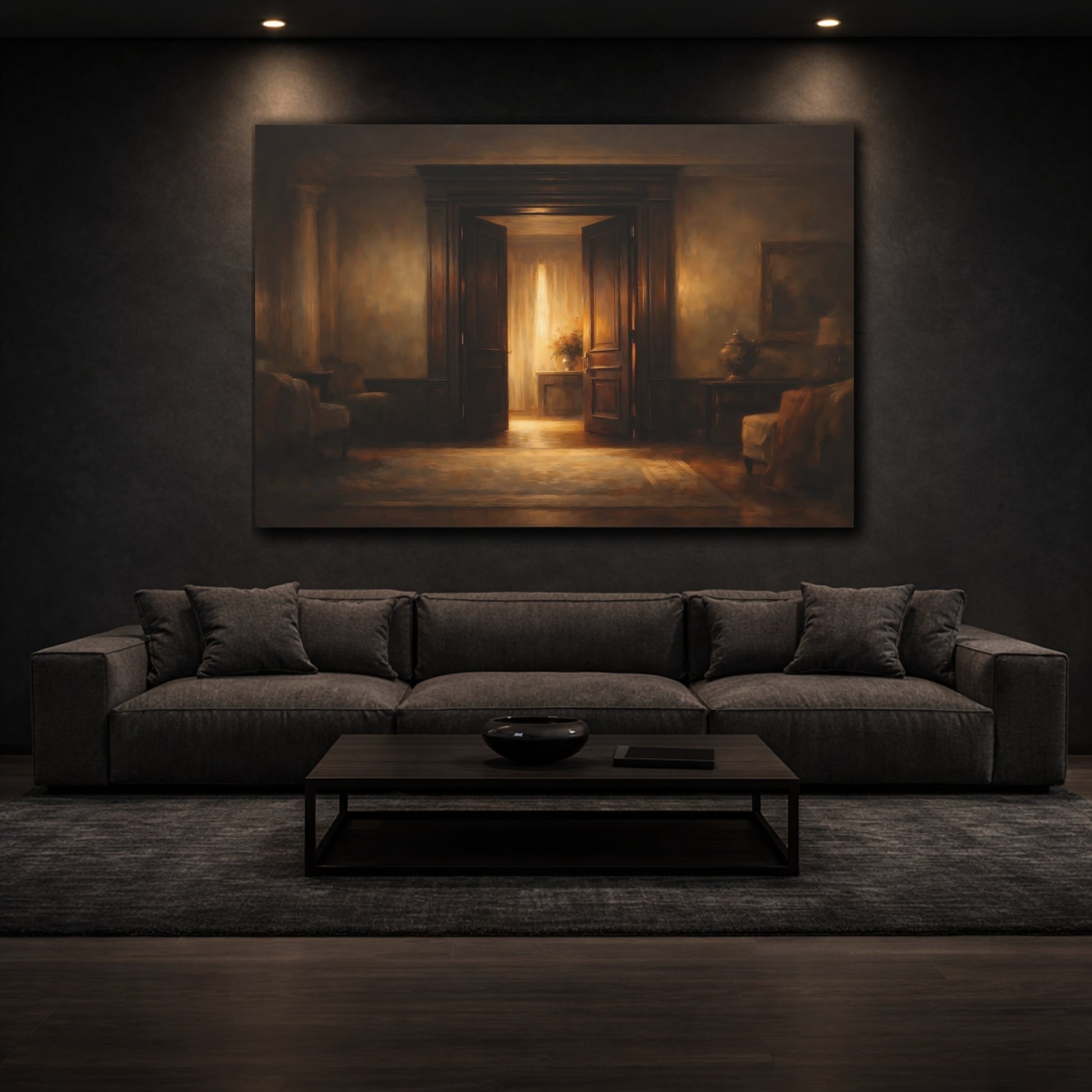 Mockup 2. Dark Dramatic Door Frame Soft Light Edge shown as stretched canvas wall art