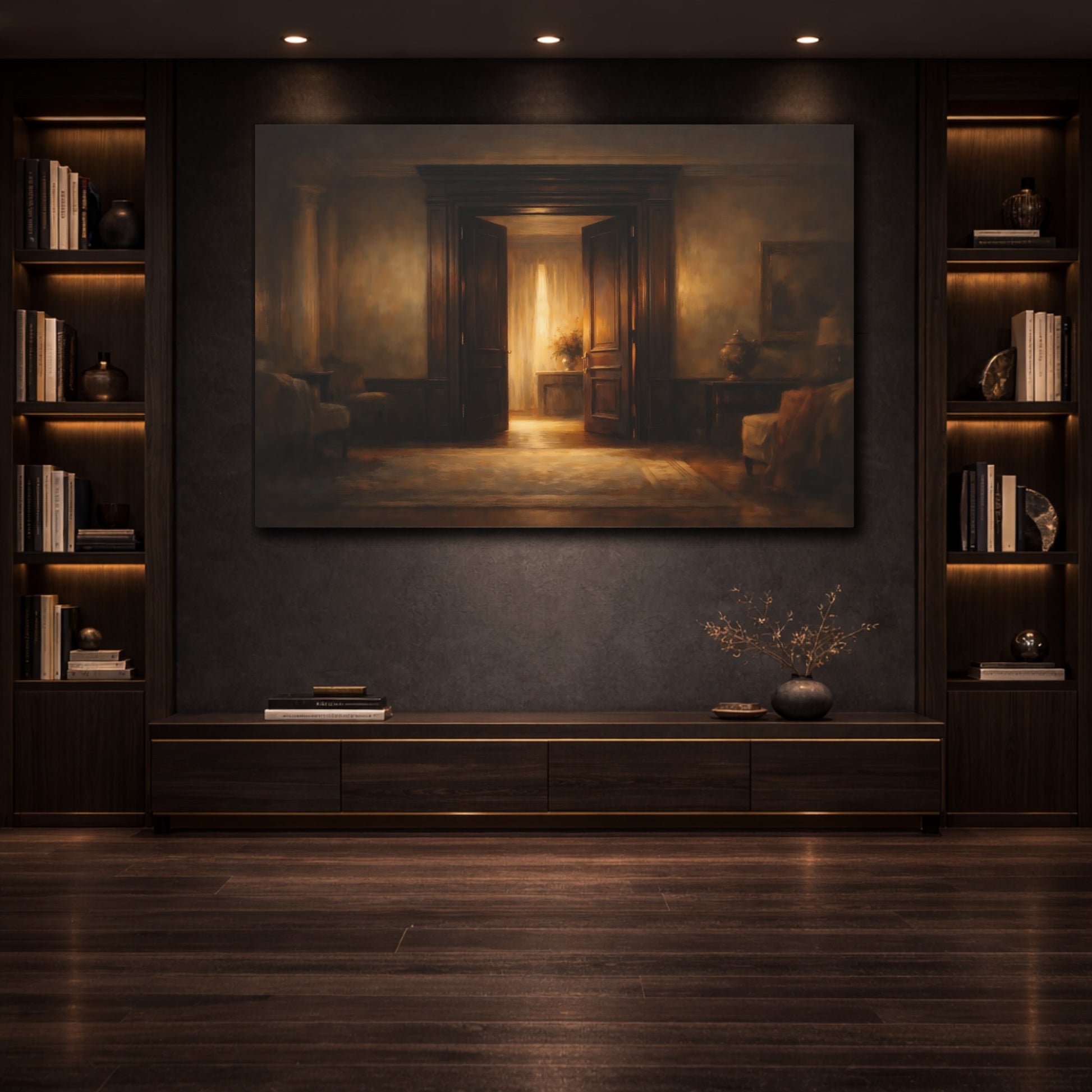 Mockup 3. Dark Dramatic Door Frame Soft Light Edge shown as stretched canvas wall art