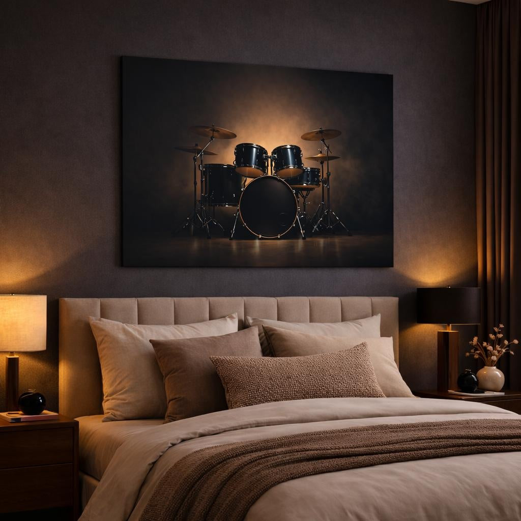 Dark Dramatic Drum Set shown as canvas wall art in a luxury bedroom
