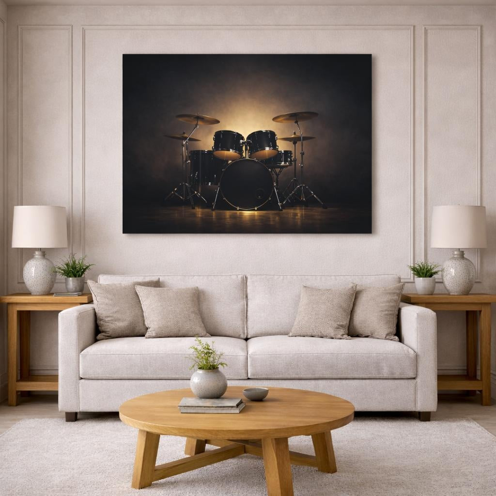 Dark Dramatic Drum Set shown as canvas wall art in a modern living room