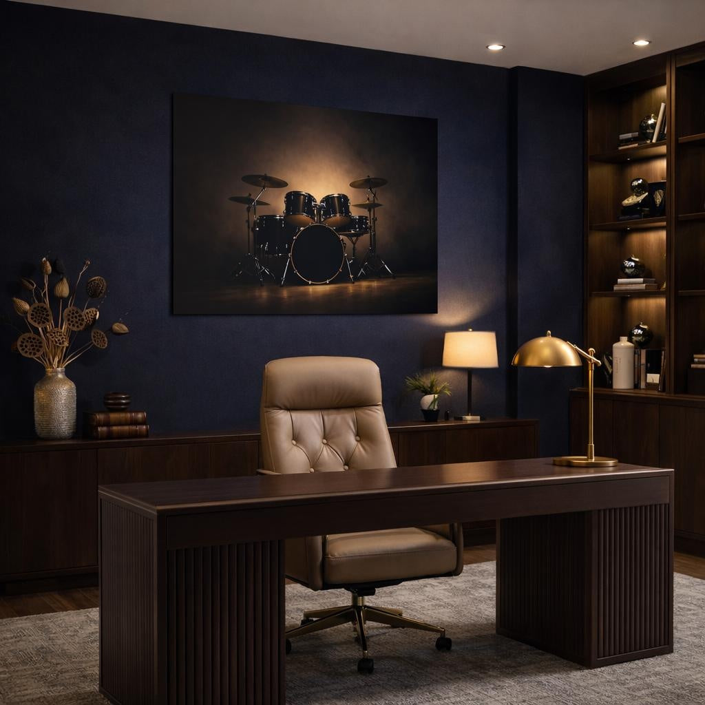 Dark Dramatic Drum Set shown as canvas wall art in a luxury executive office