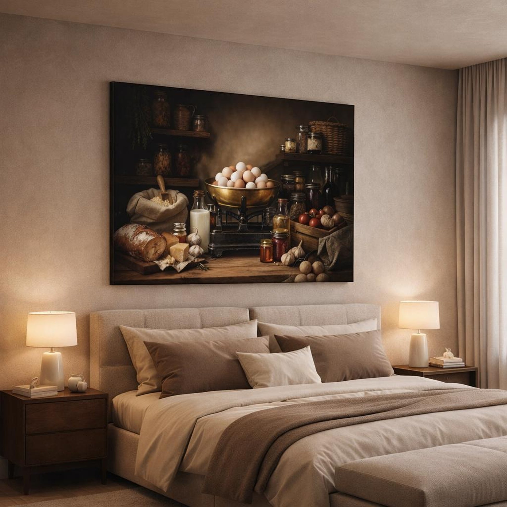 Dark Dramatic Farmhouse Pantry shown as canvas wall art in a luxury bedroom