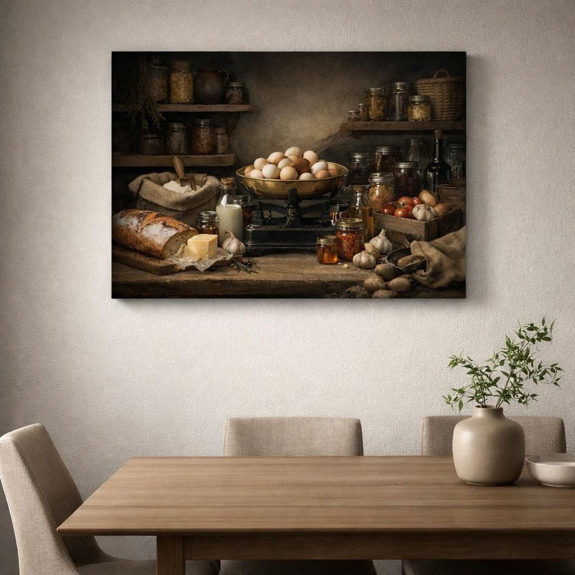 Dark Dramatic Farmhouse Pantry shown as canvas wall art in a luxury executive office