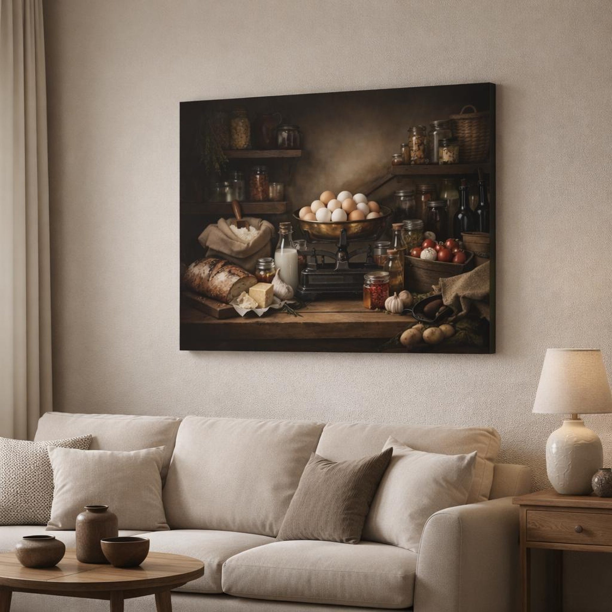 Dark Dramatic Farmhouse Pantry shown as canvas wall art in a modern living room